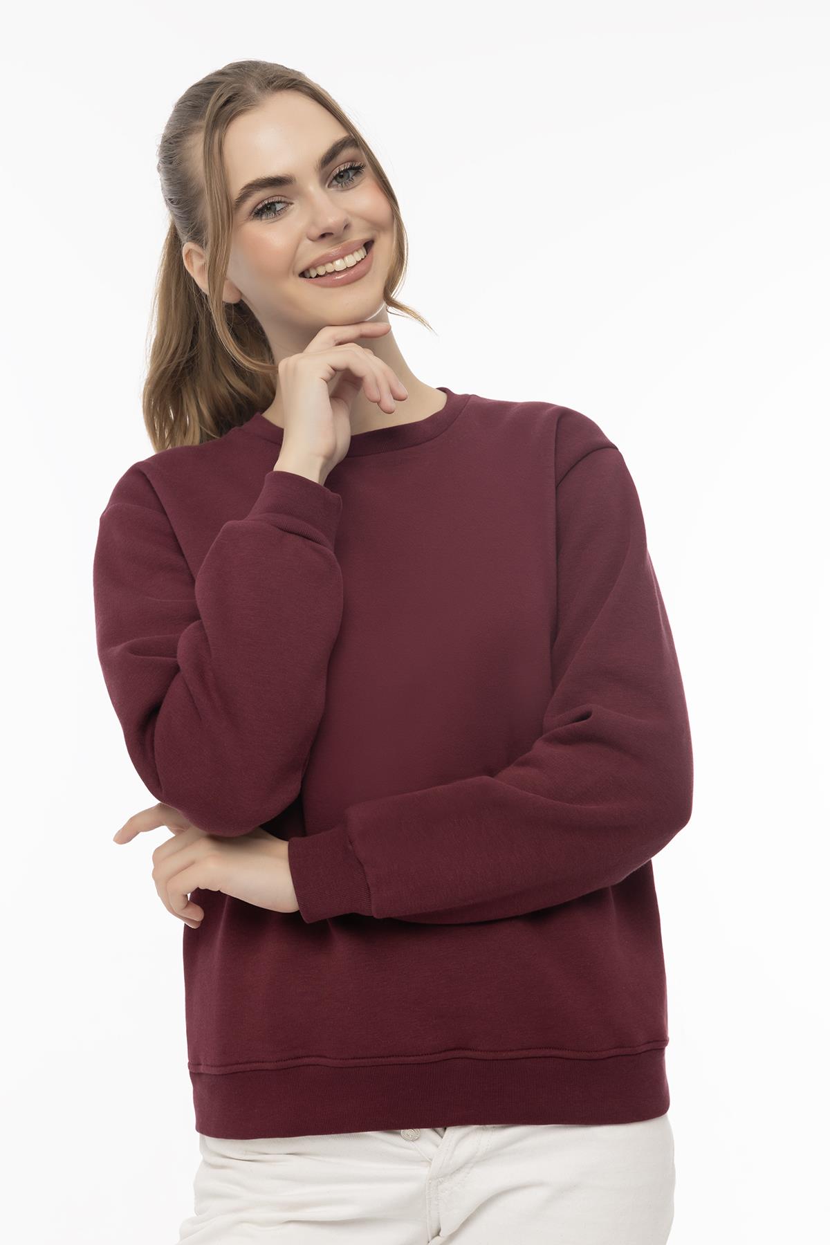 Kadın Bisiklet Yaka 3 İplik Şardonlu Sweatshirt Bordo
