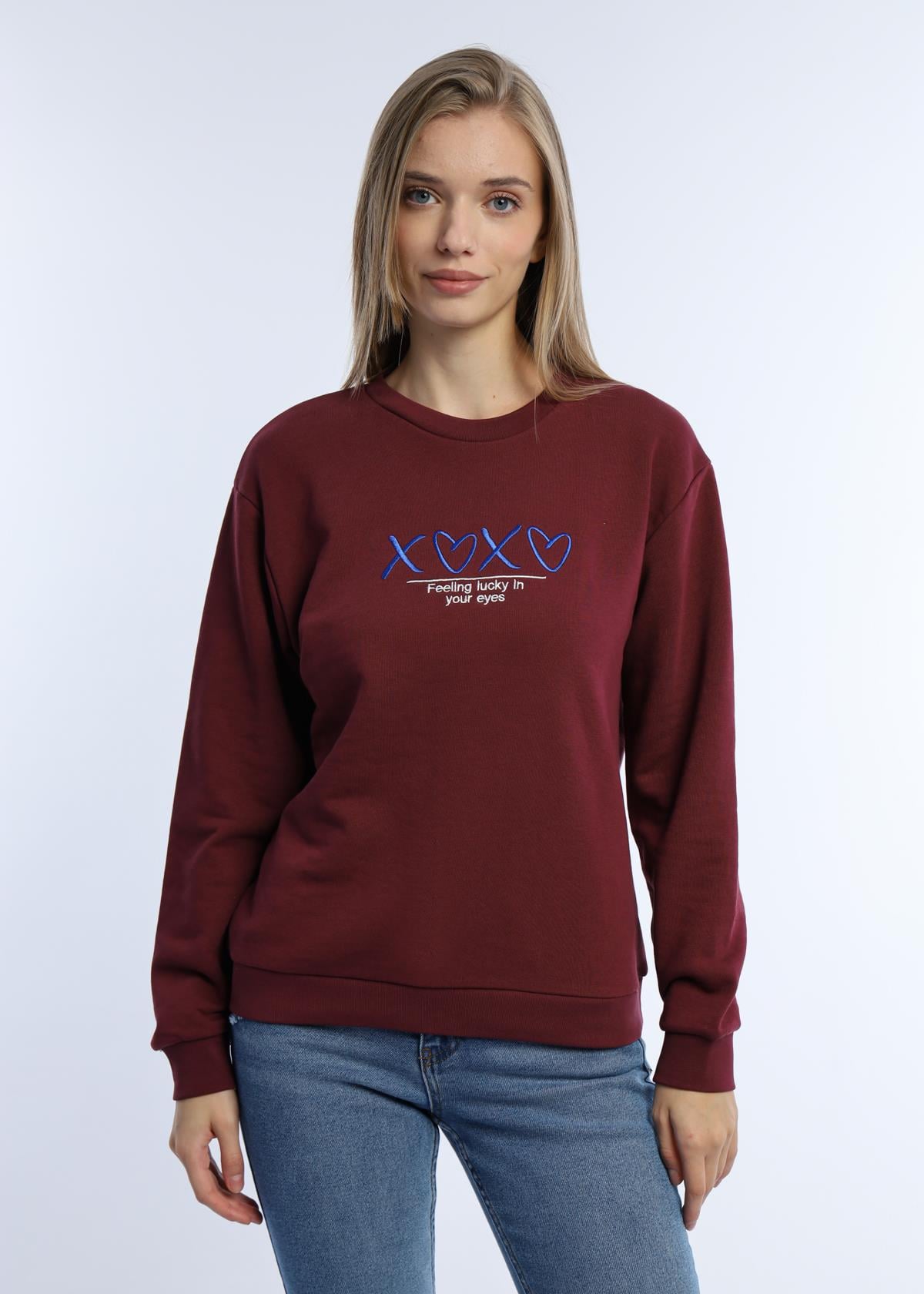 Kadın Bisiklet Yaka 3 İplik Şardonsuz Sweatshirt Bordo