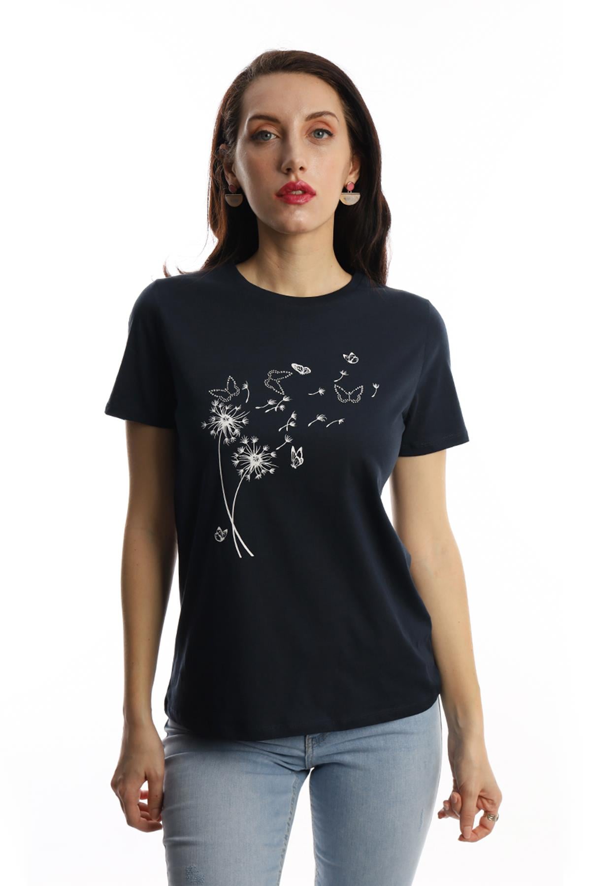 Kadin Bisiklet Yaka Baskİlİ Basic Tisort Lacivert