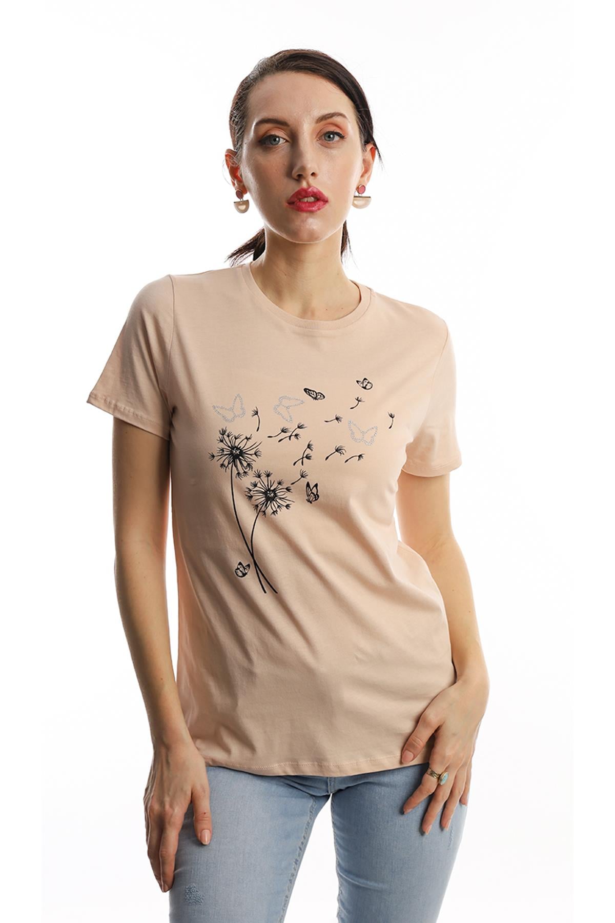 Kadin Bisiklet Yaka Baskİlİ Basic Tisort Bej