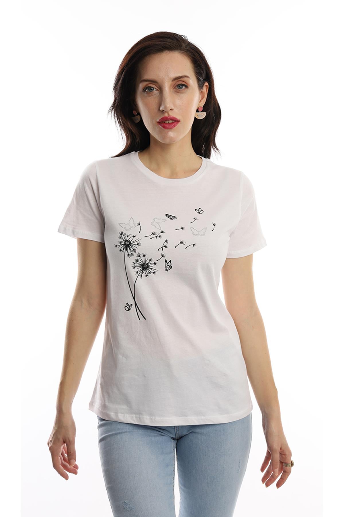 Kadin Bisiklet Yaka Baskİlİ Basic Tisort Beyaz