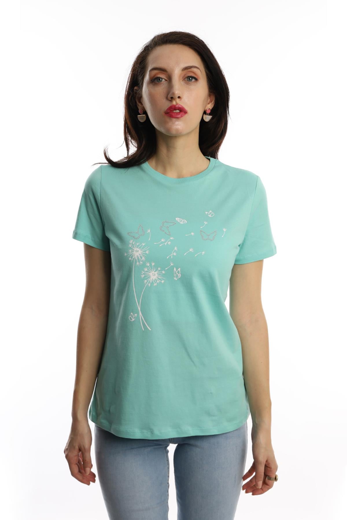 Kadin Bisiklet Yaka Baskİlİ Basic Tisort Turkuaz