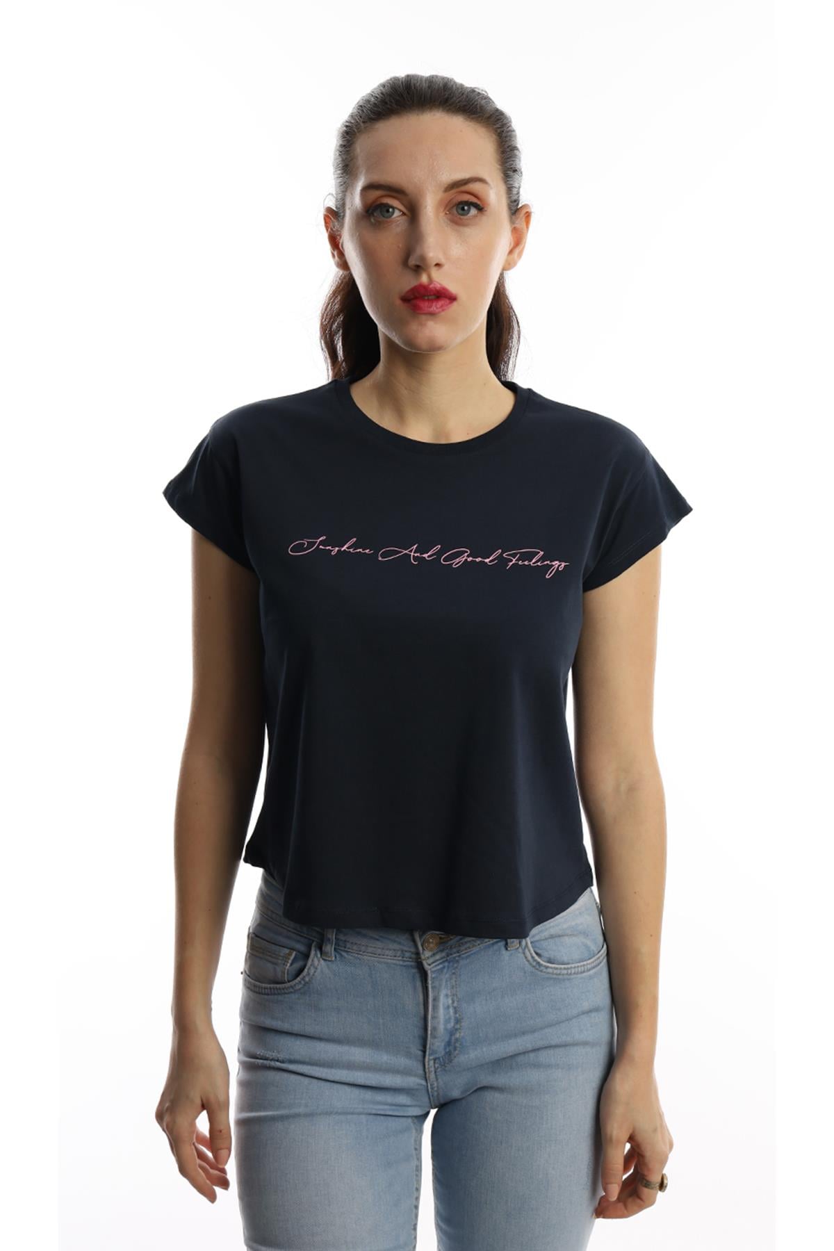Kadİn Bisiklet Yaka Baskili Crop Tisort Lacivert