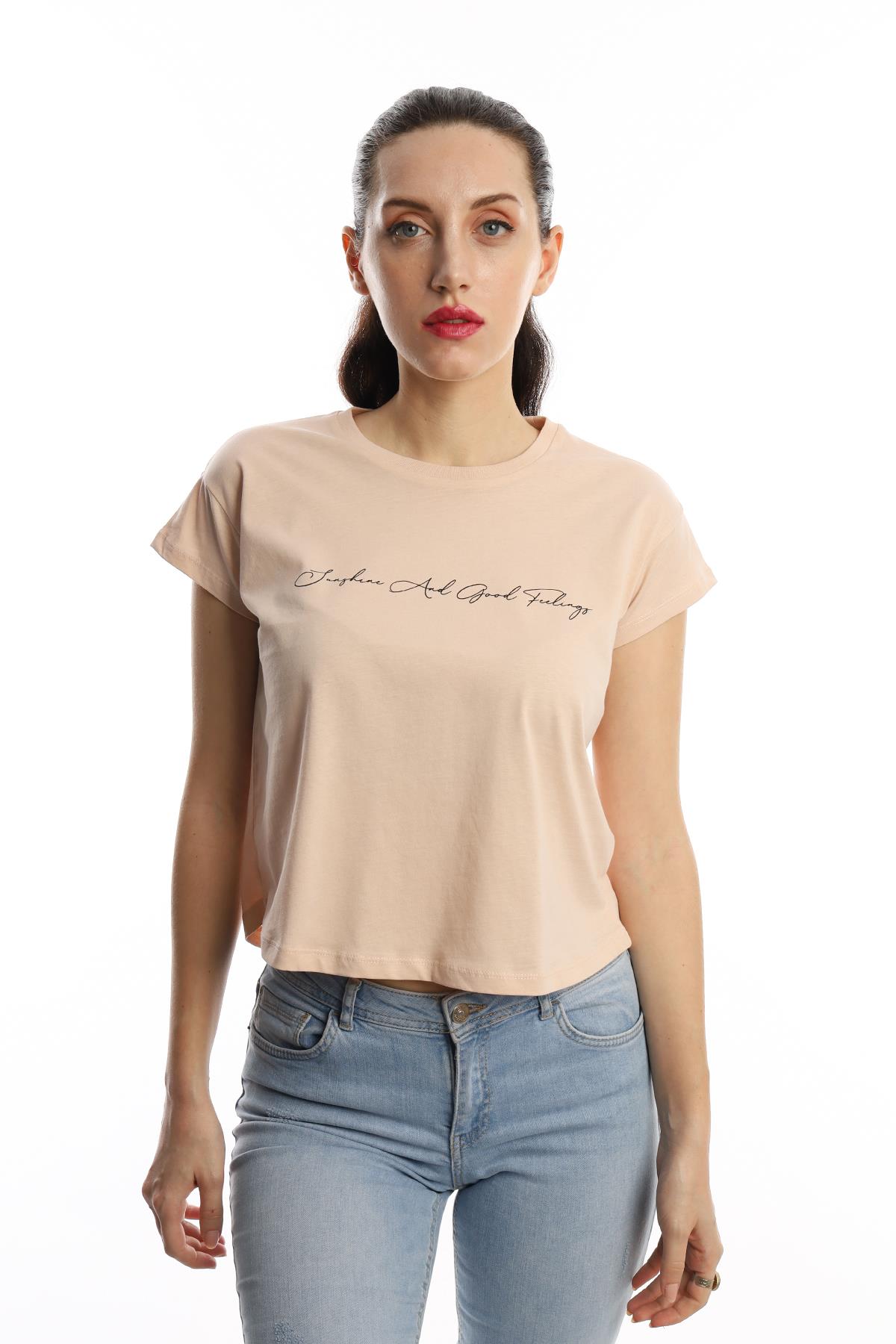 Kadİn Bisiklet Yaka Baskili Crop Tisort bej