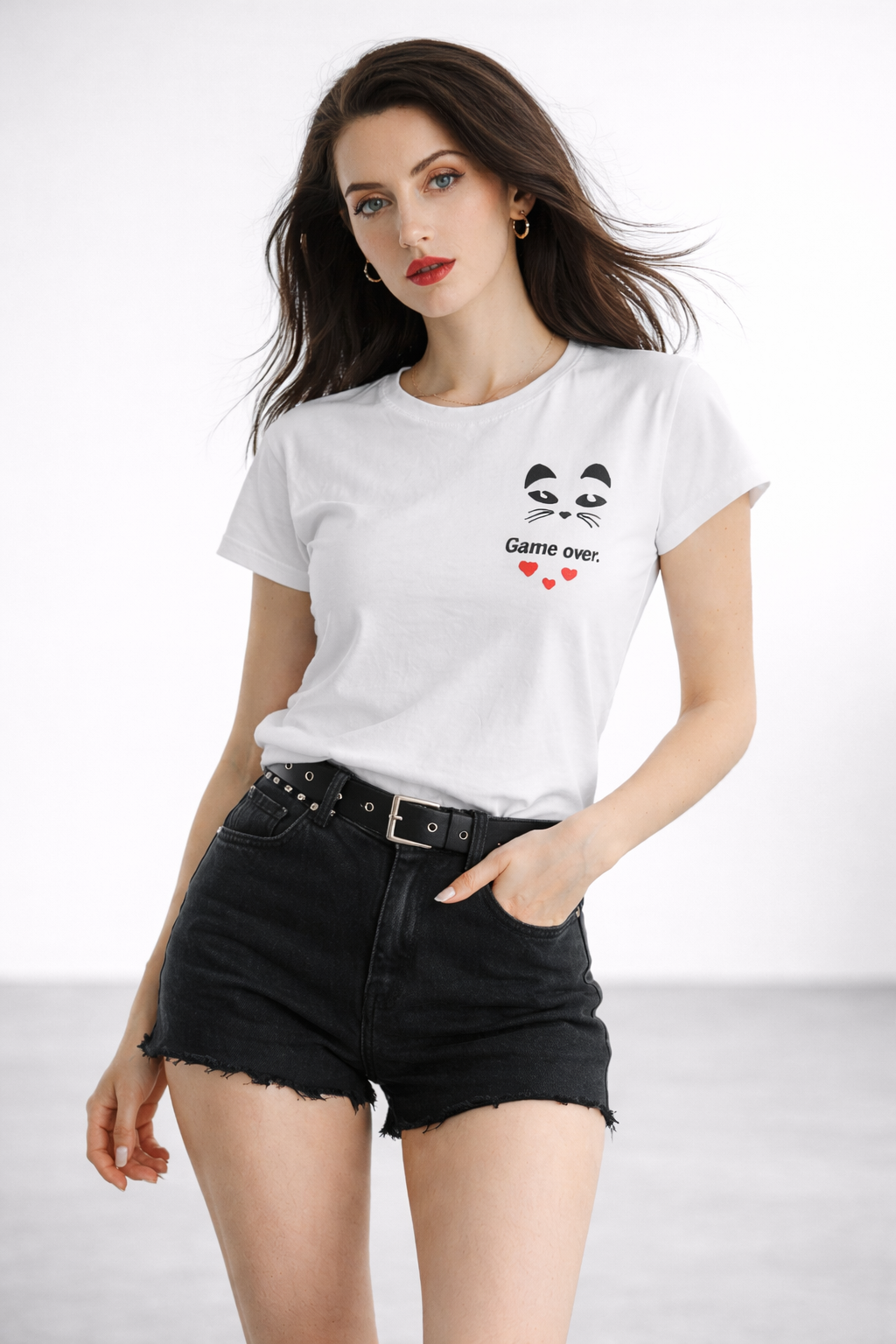 Kadın Bisiklet Yaka Game Over Kedi Baskılı Regular Fit Tişört Beyaz