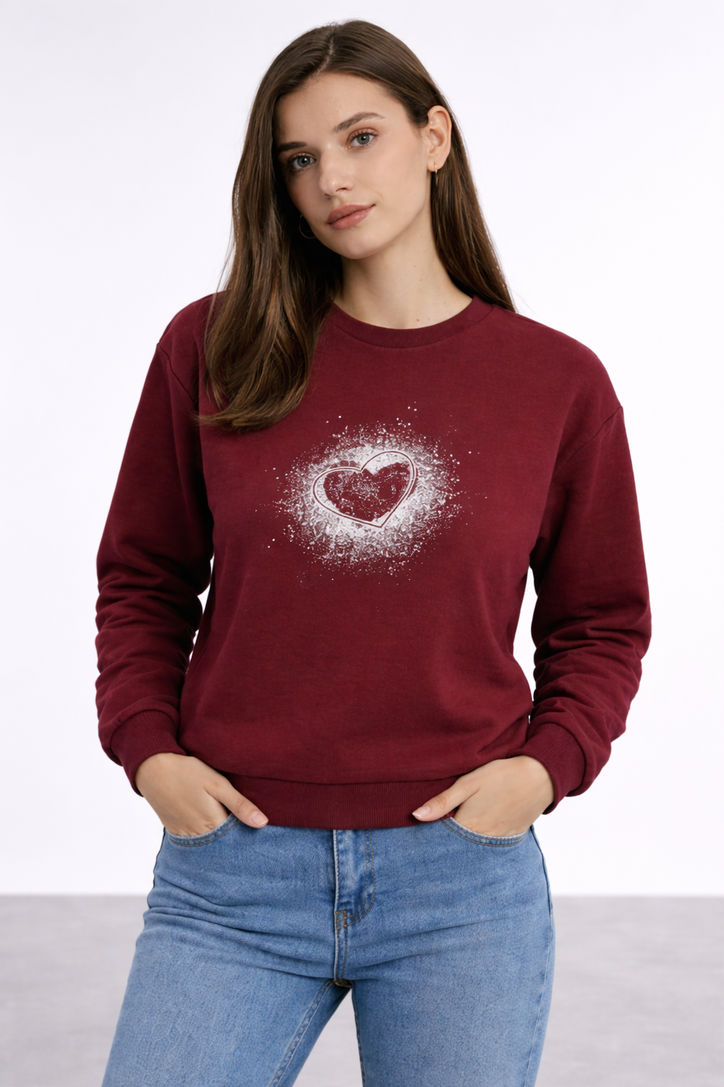 Kadın Bordo Kalp Baskılı Regular Sweatshirt Günlük Rahat Basic Sweat