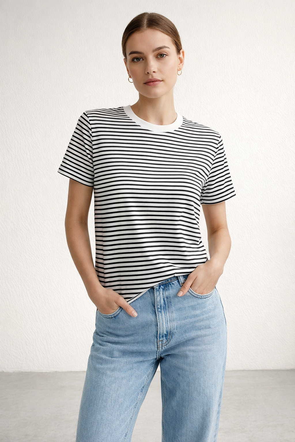 Kadın Çizgili Basic Oversize T-Shirt – Ekru Siyah