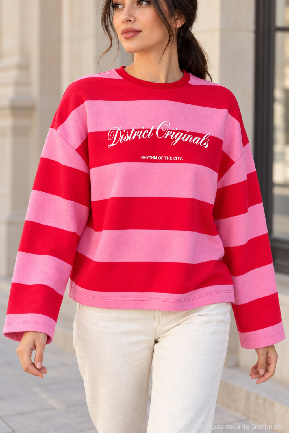 Kadın Çizgili Ön Arka Baskılı Geniş Kol Oversize Sweatshirt - Kırmızı P