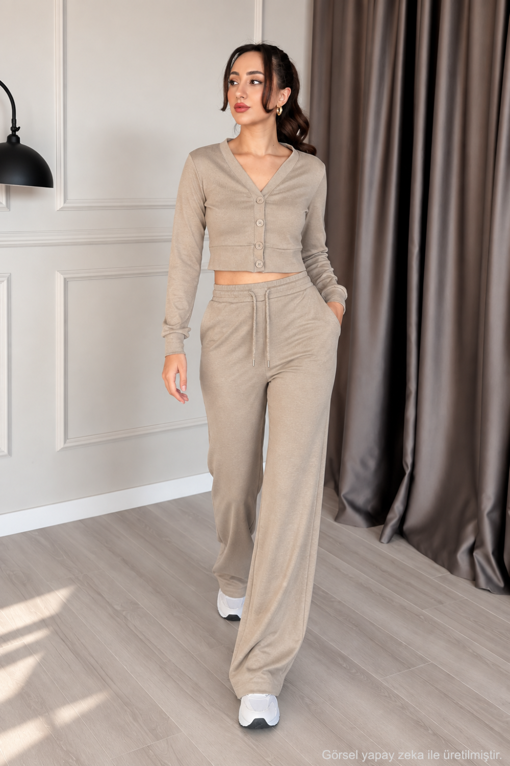 Kadın Cupra V Yaka 4 Düğmeli Crop Hırka ve Bol Paça Pantolon -  Vizon Vizon