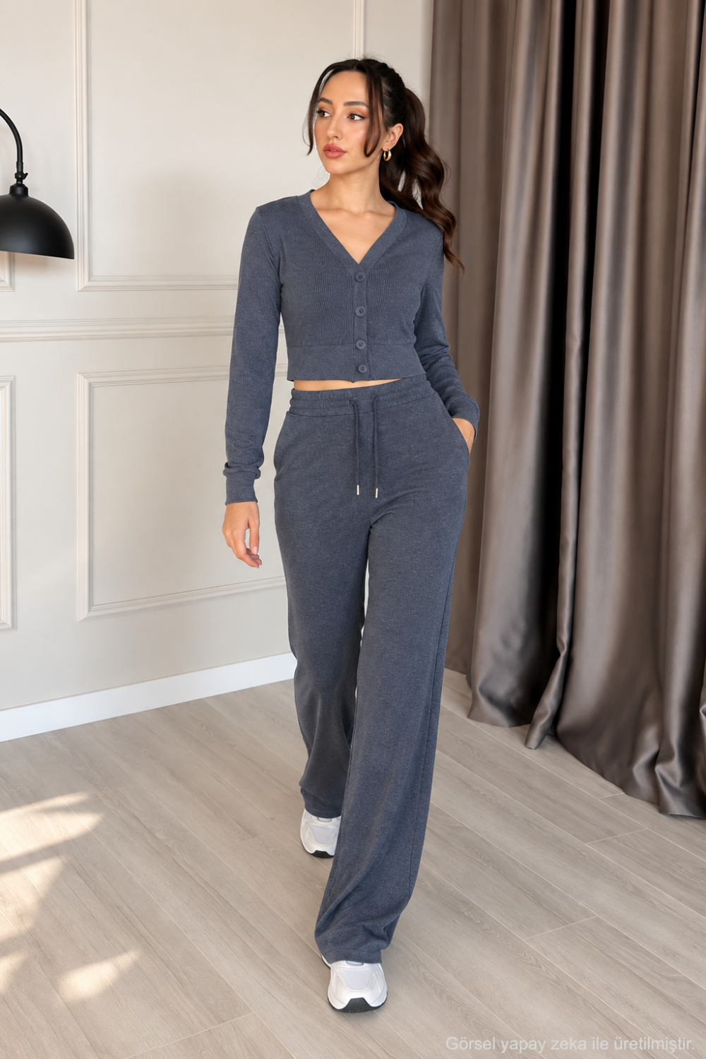 Kadın Cupra V Yaka 4 Düğmeli Crop Hırka ve Bol Paça Pantolon -  Lacivert Lacivert