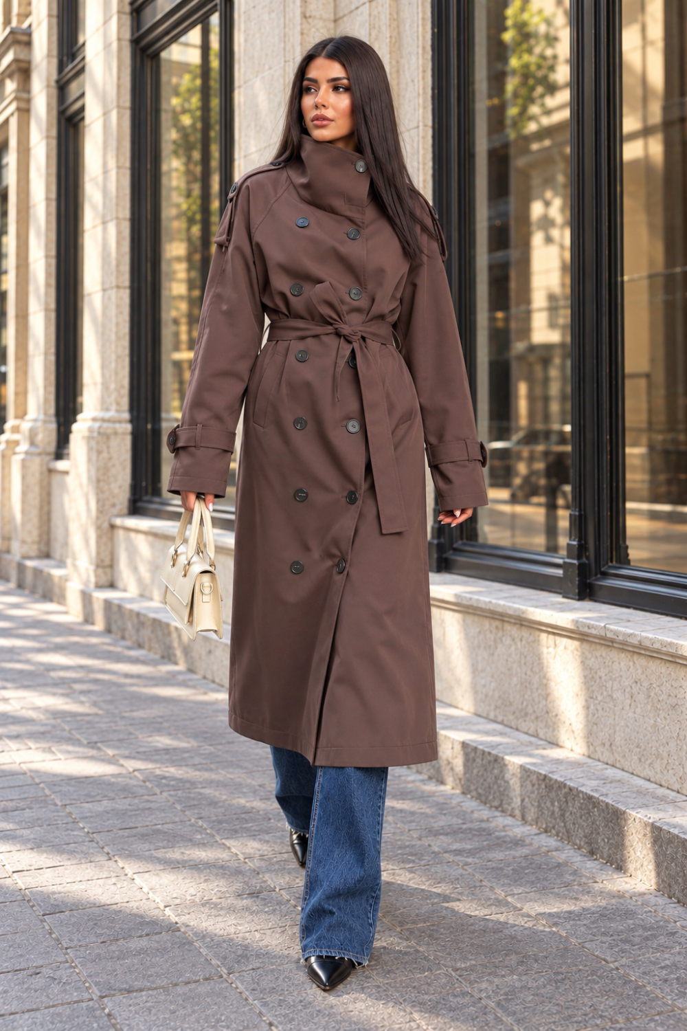 Kadın Dik Yaka Kruvaze Kemerli Uzun Trençkot - Kahve Kahve