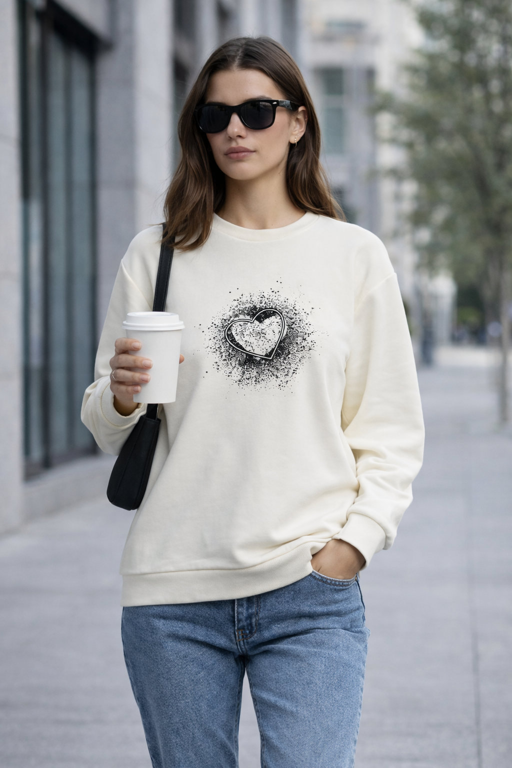 Kadın Ekru Kalp Baskılı Regular Sweatshirt Günlük Rahat Basic Sweat