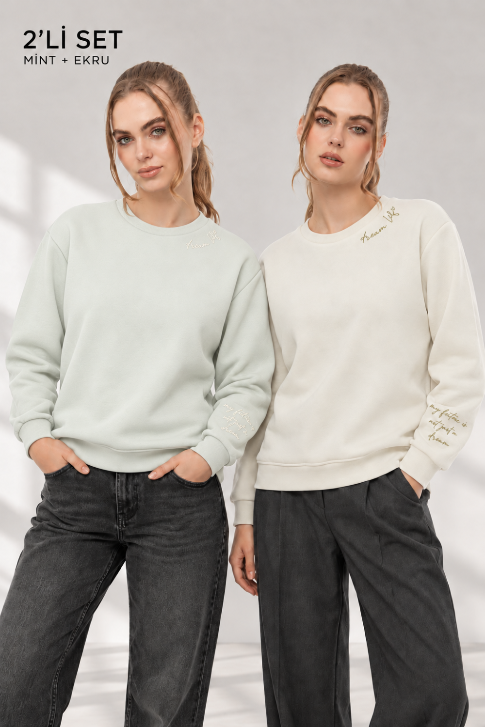 Kadın Ekru Mint 2’li Şardonlu Nakışlı Sweatshirt Seti