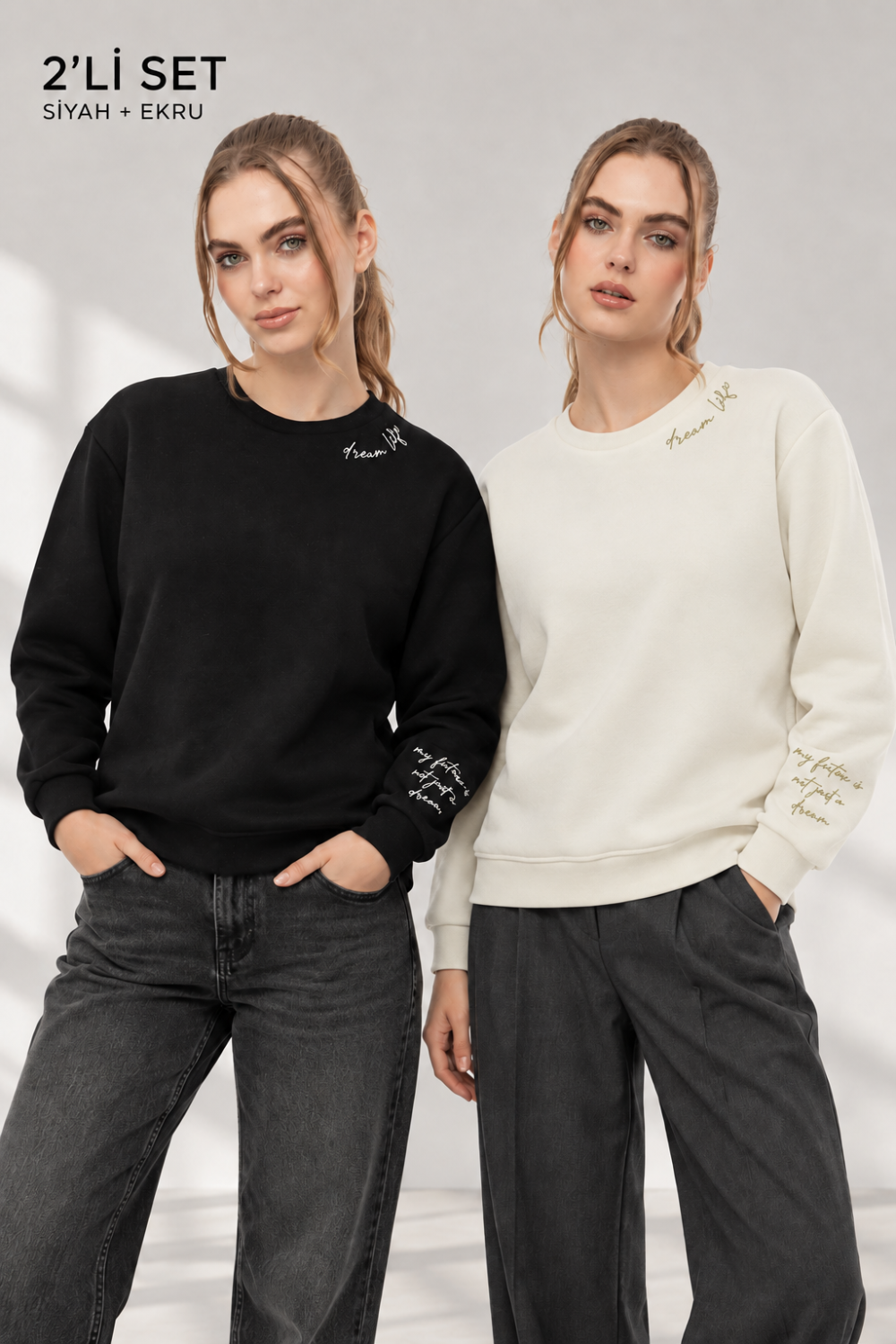 Kadın Ekru Siyah 2’li Şardonlu Nakışlı Sweatshirt Seti