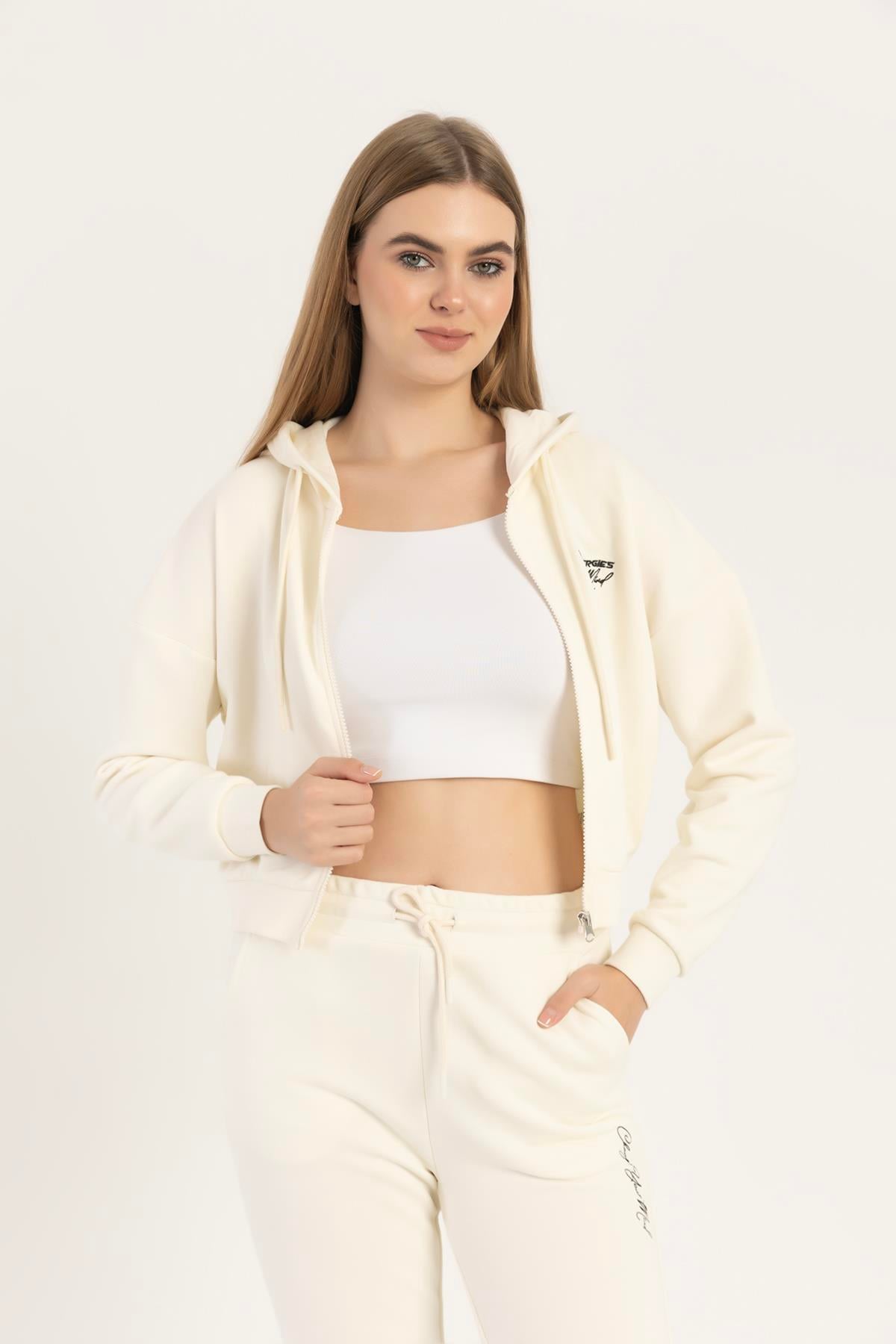 Kadın Fermuarlı 3 İplik Sweatshirt Ekru