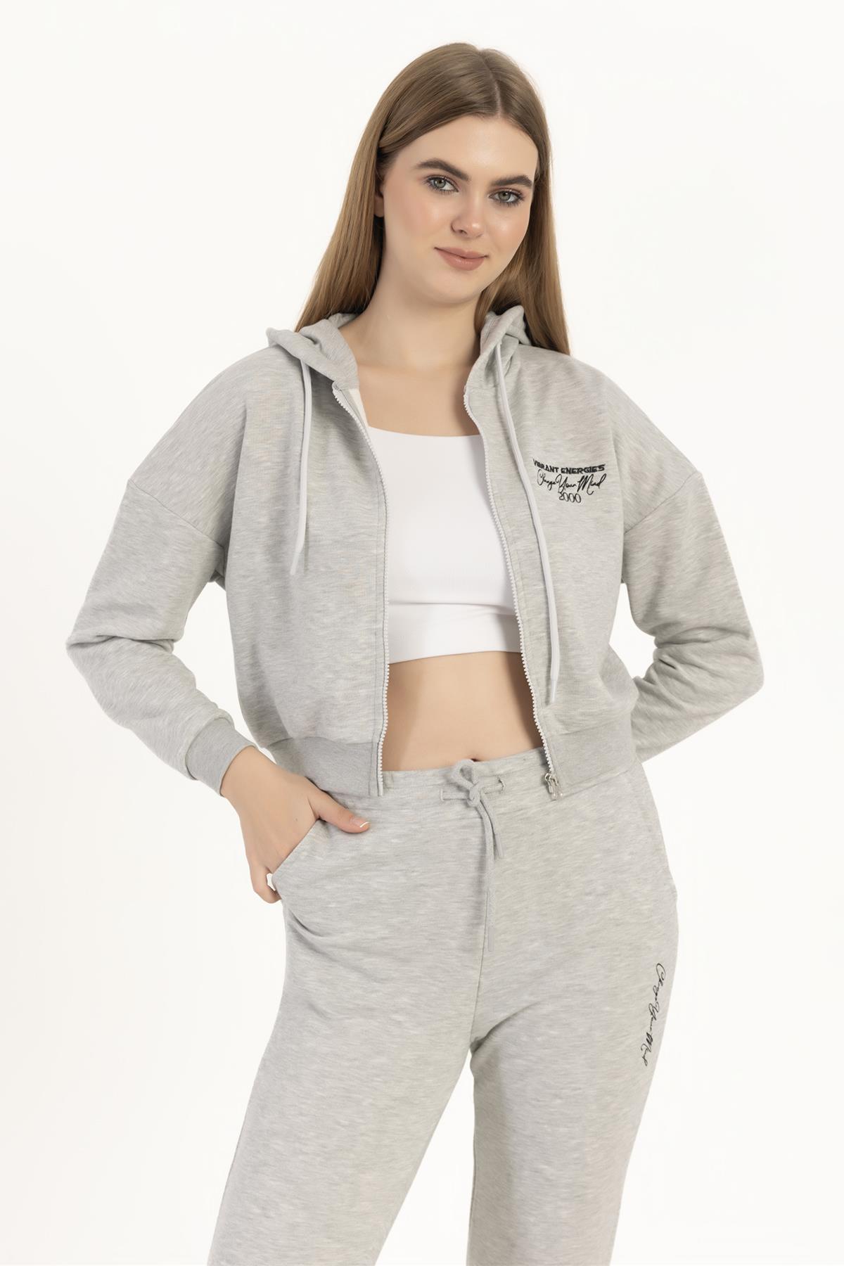 Kadın Fermuarlı 3 İplik Sweatshirt Gri Melanj