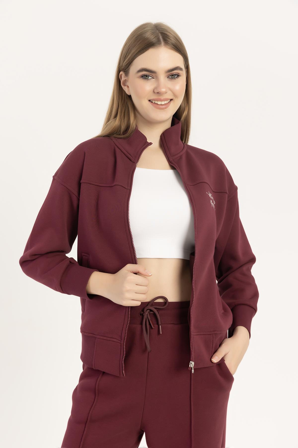 kadın Fermuarlı Dik Yaka Sweatshirt Bordo