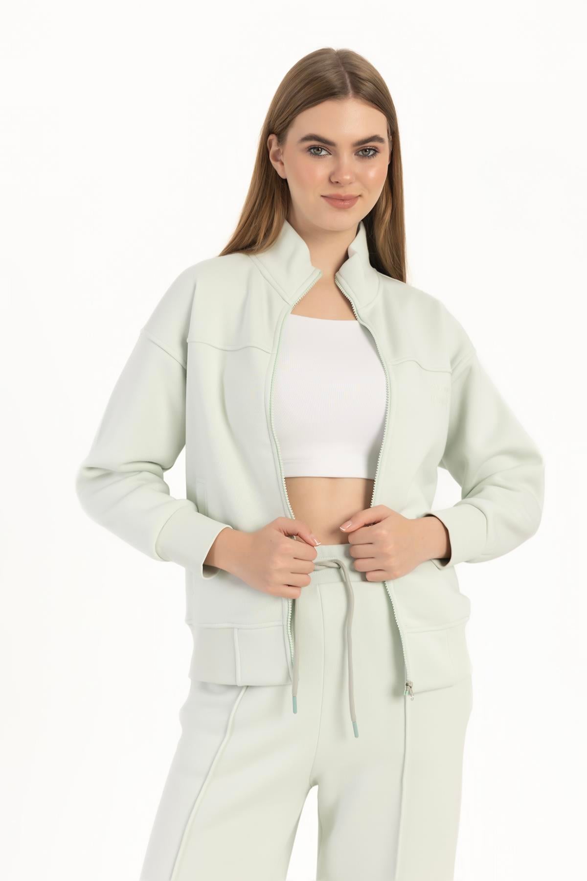 kadın Fermuarlı Dik Yaka Sweatshirt Mint