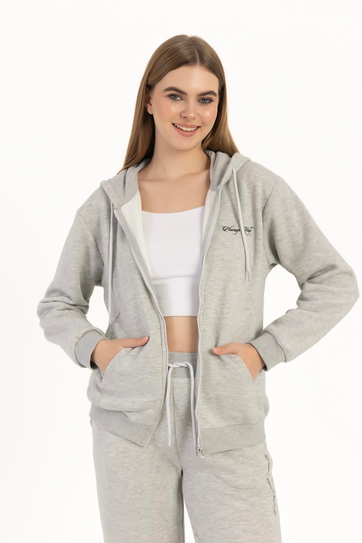 Kadın Fermuarlı Regular Fit Sweatshirt Gri Melanj