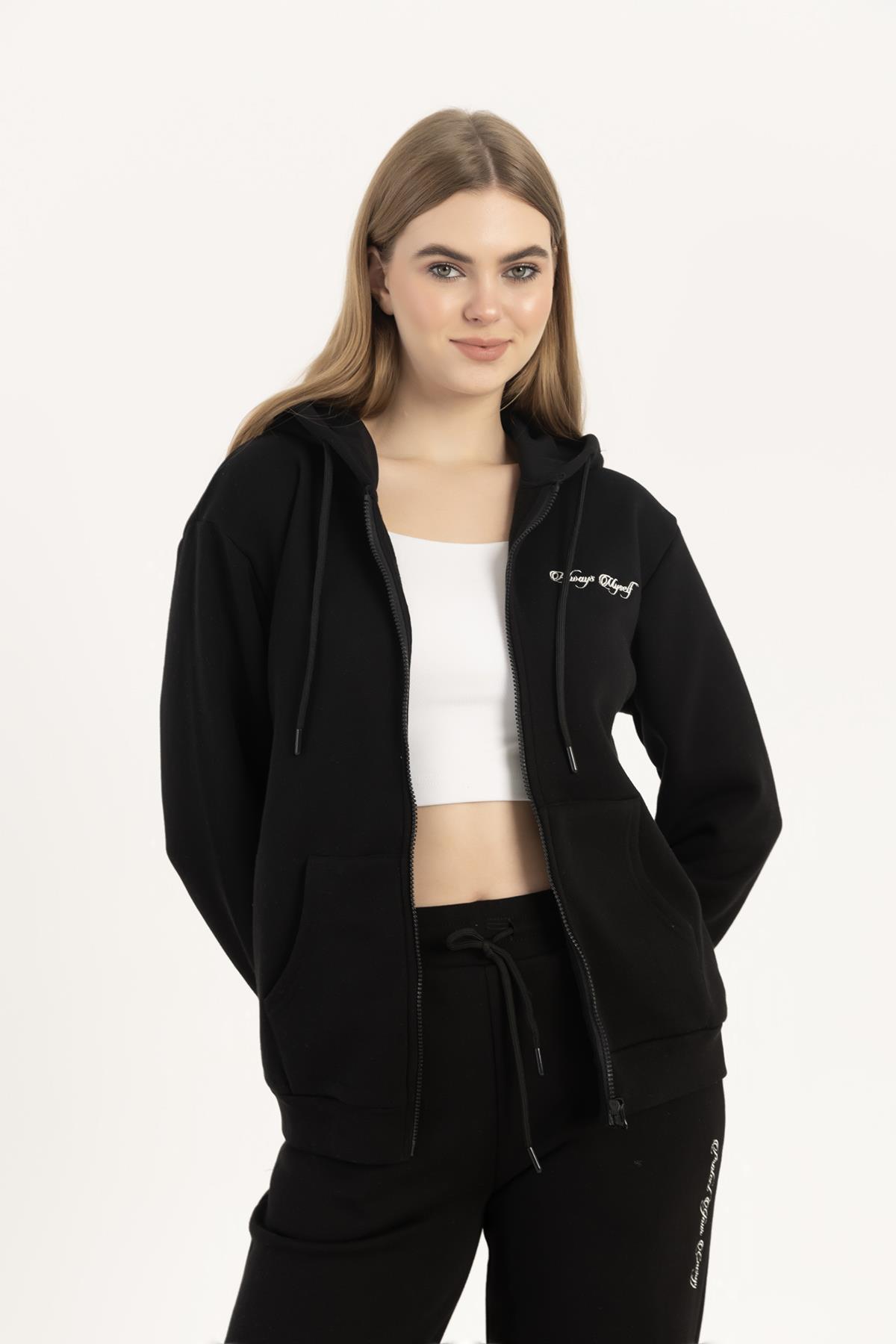 Kadın Fermuarlı Regular Fit Sweatshirt Siyah