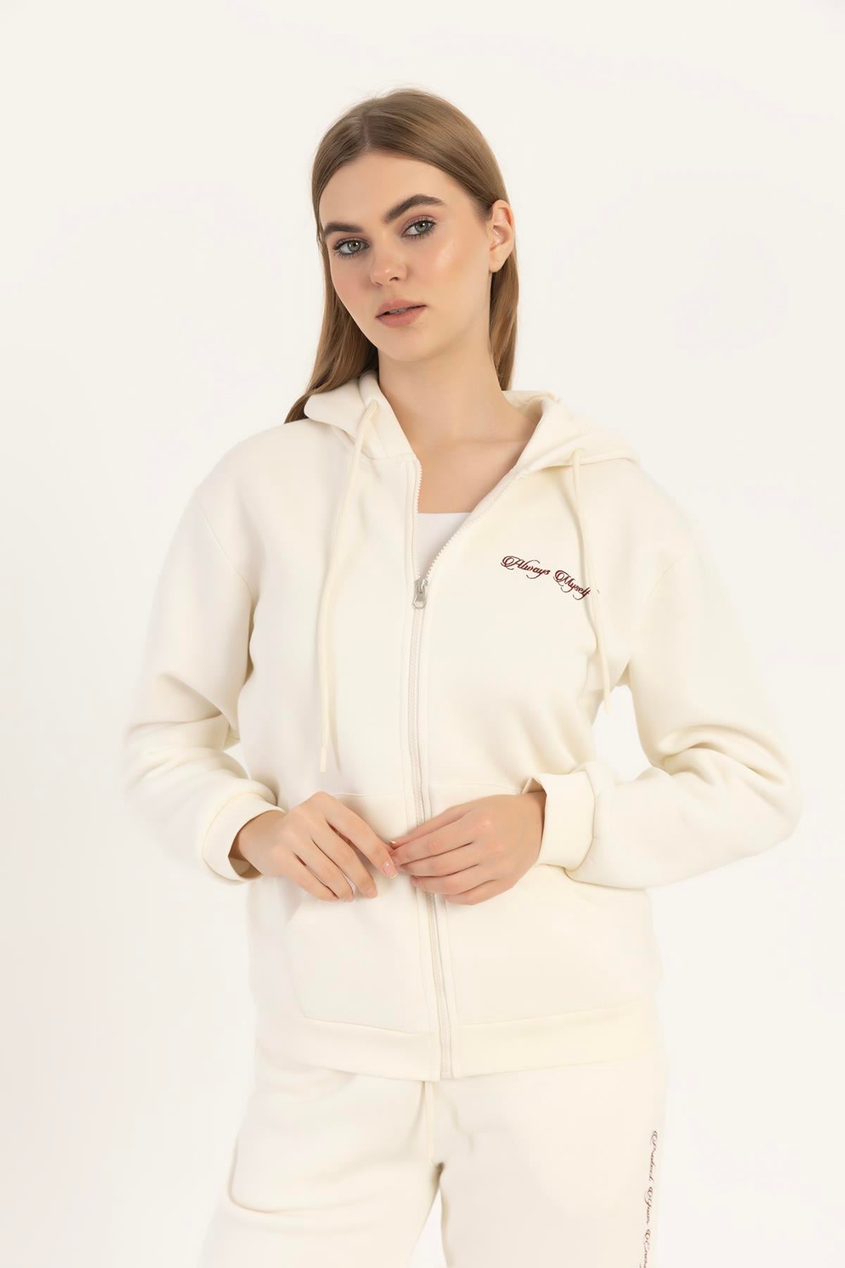 Kadın Fermuarlı Regular Fit Sweatshirt Ekru