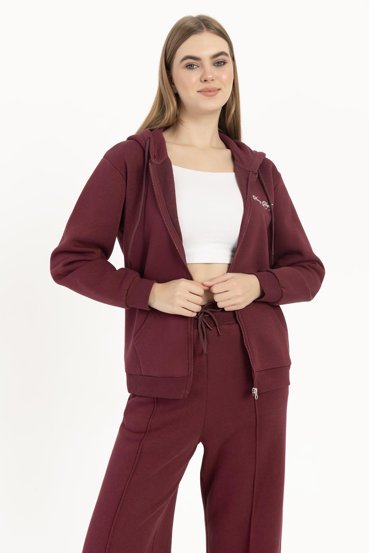 Kadın Fermuarlı Regular Fit Sweatshirt Bordo