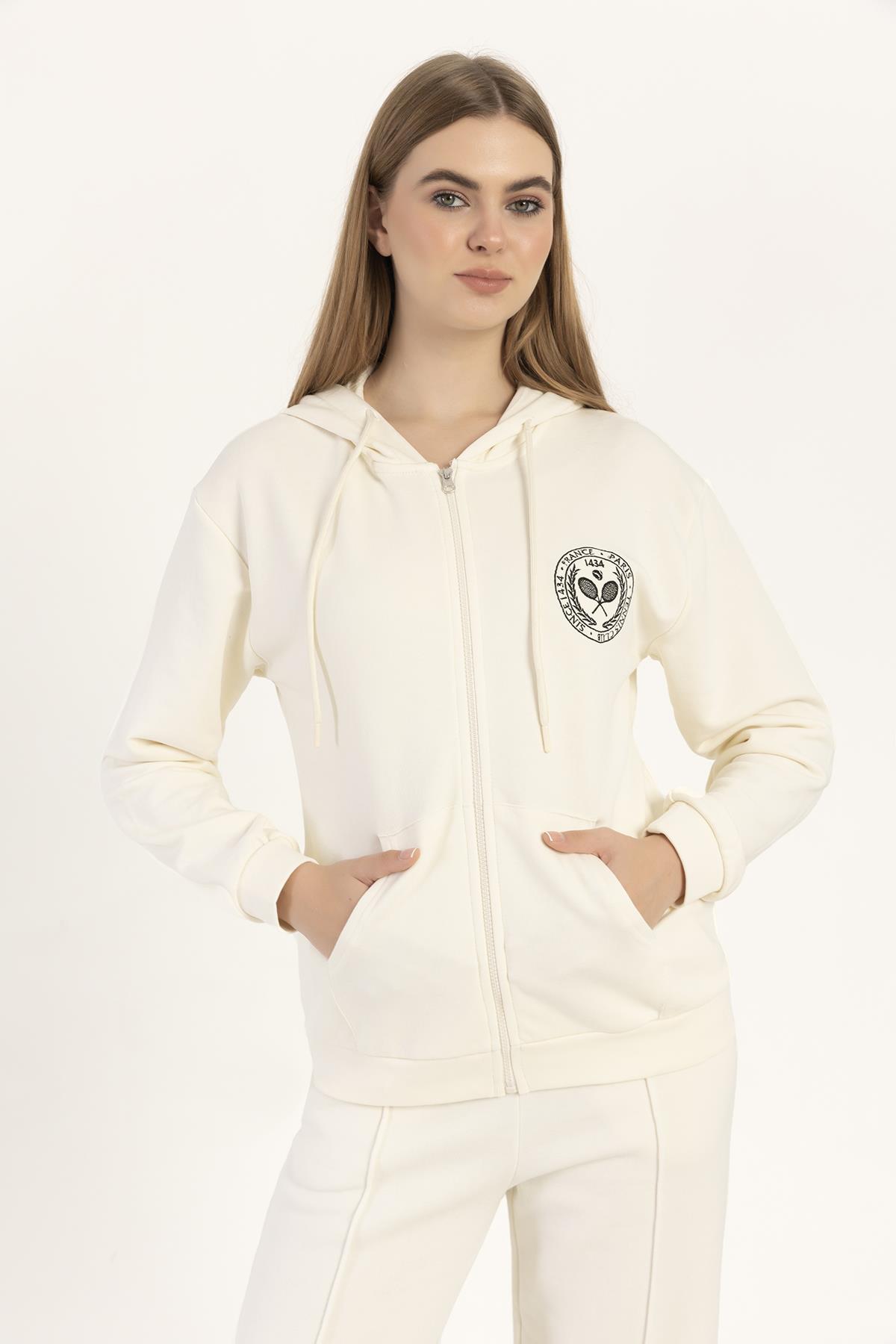 Kadın Fermuarlı Regular Fit Sweatshirt Ekru