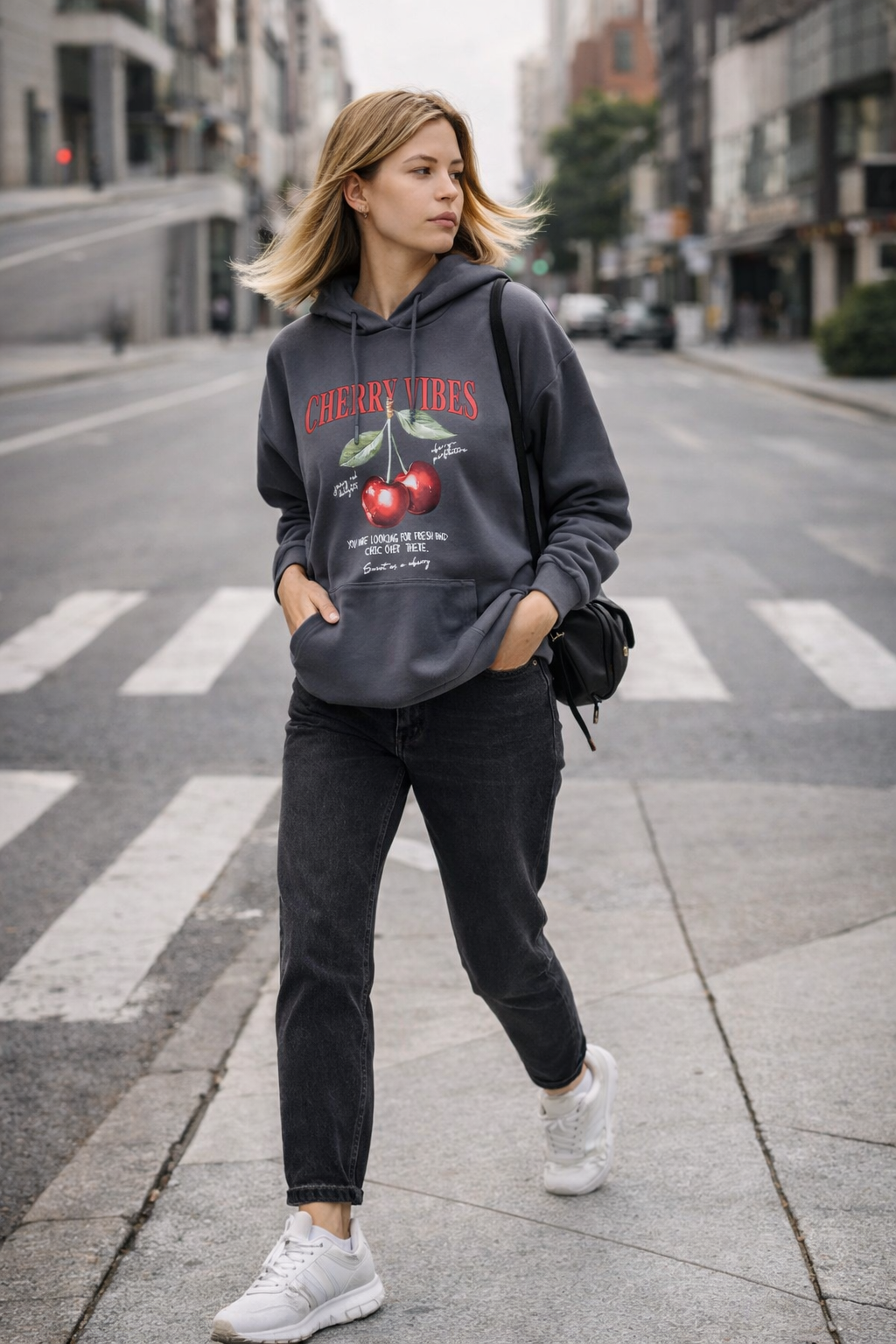 Kadın Füme Kiraz Baskılı Oversize Kapüşonlu Sweatshirt Hoodie
