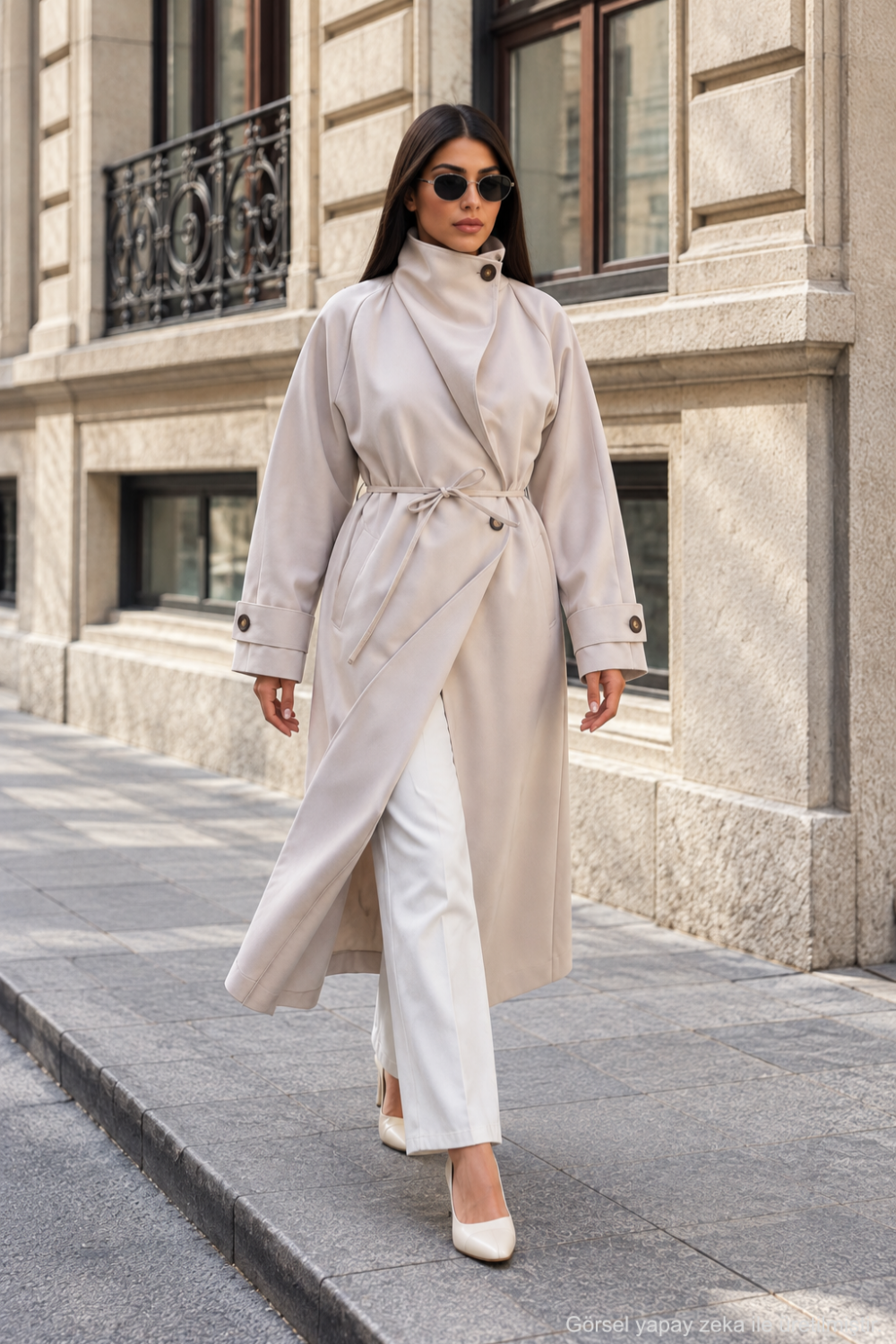 Kadın Geniş Yaka İnce Kemerli Oversize Uzun Trençkot - Taş