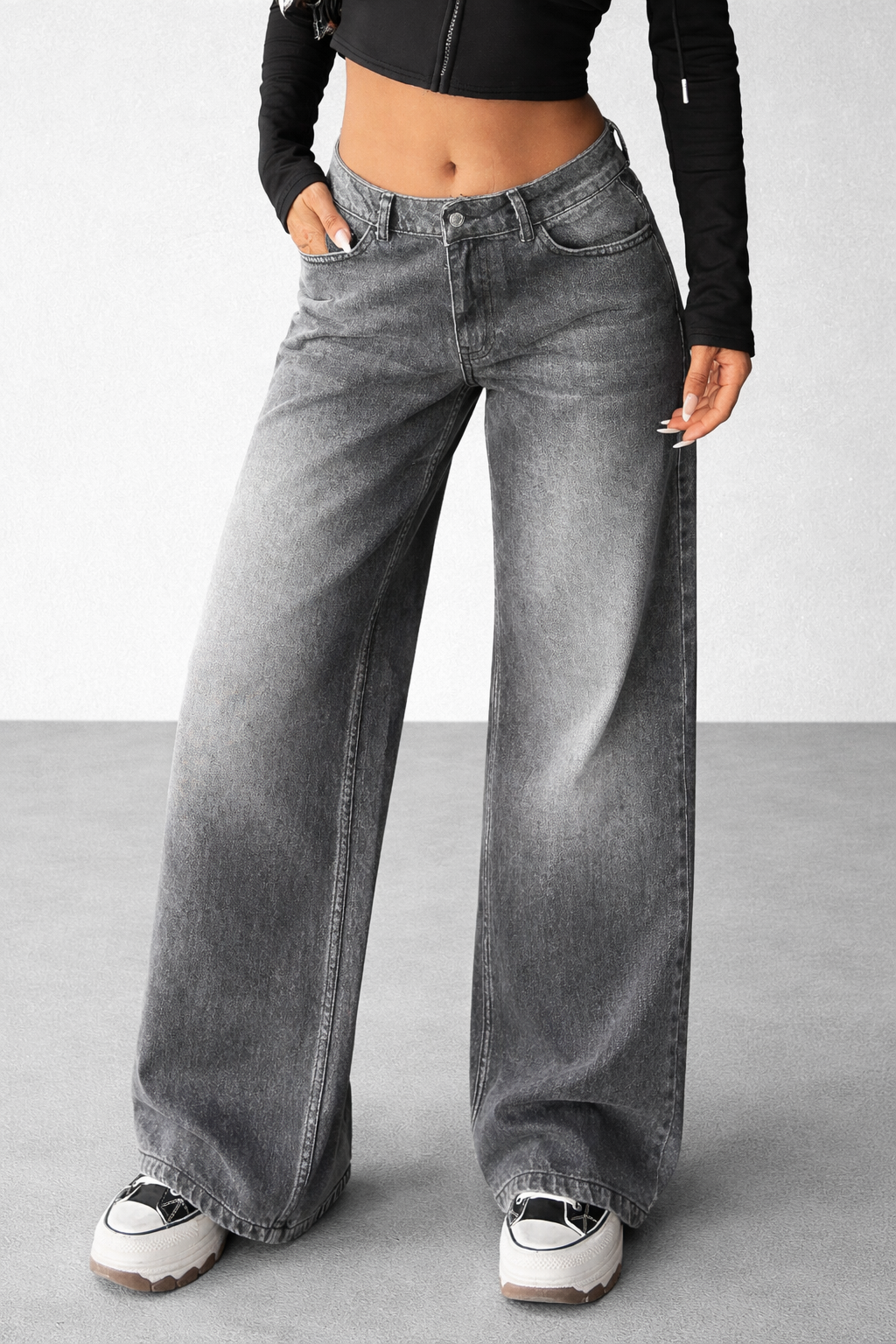 Kadın Gri Yıkamalı Bol Paça Düşük Bel Wide Leg Jean Pantolon