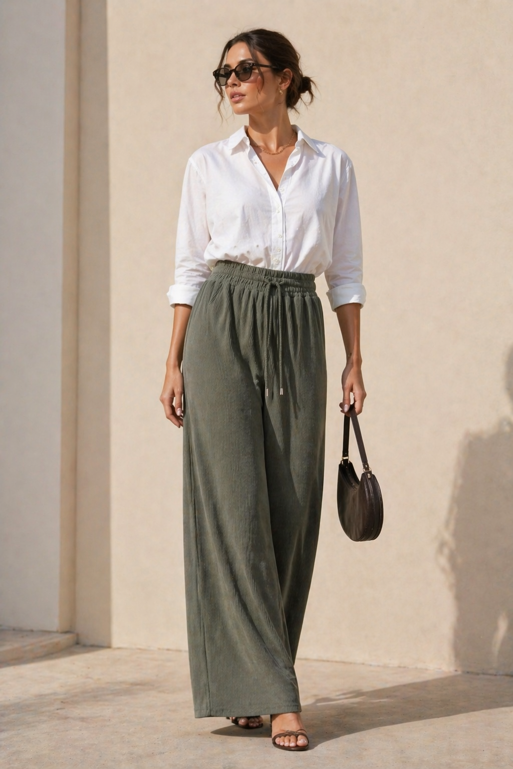Kadın Haki Fitilli Wide Leg Pantolon Lastik Bel Kordonlu