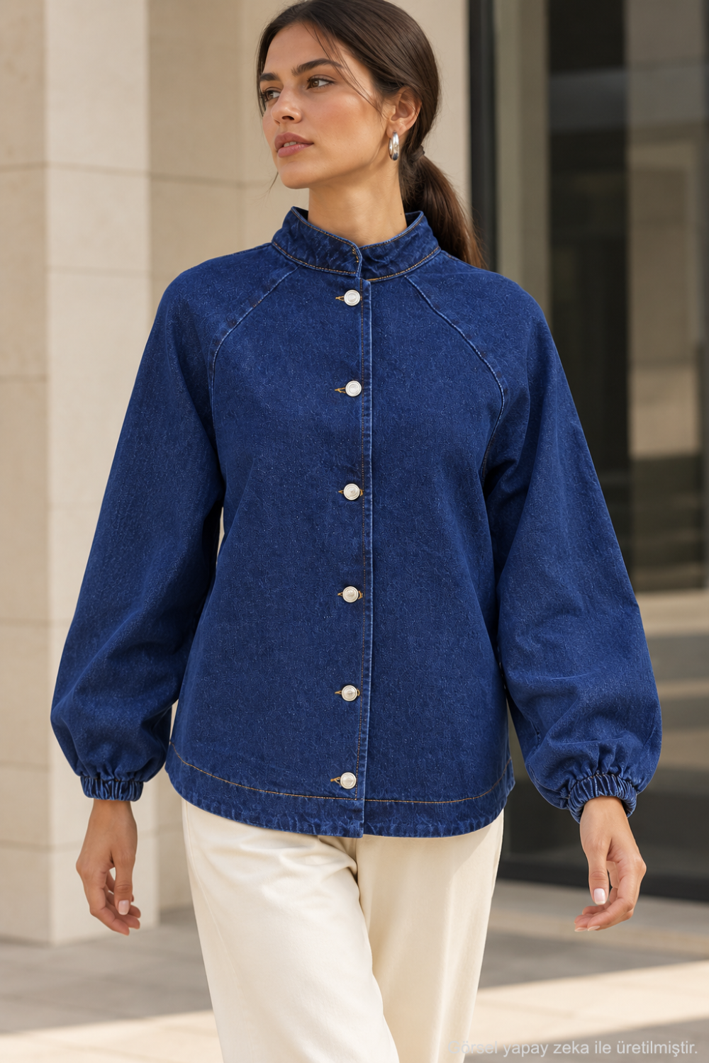 Kadın Hakim Yaka Raglan Kollu Düğmeli Denim Ceket - Lacivert Lacivert