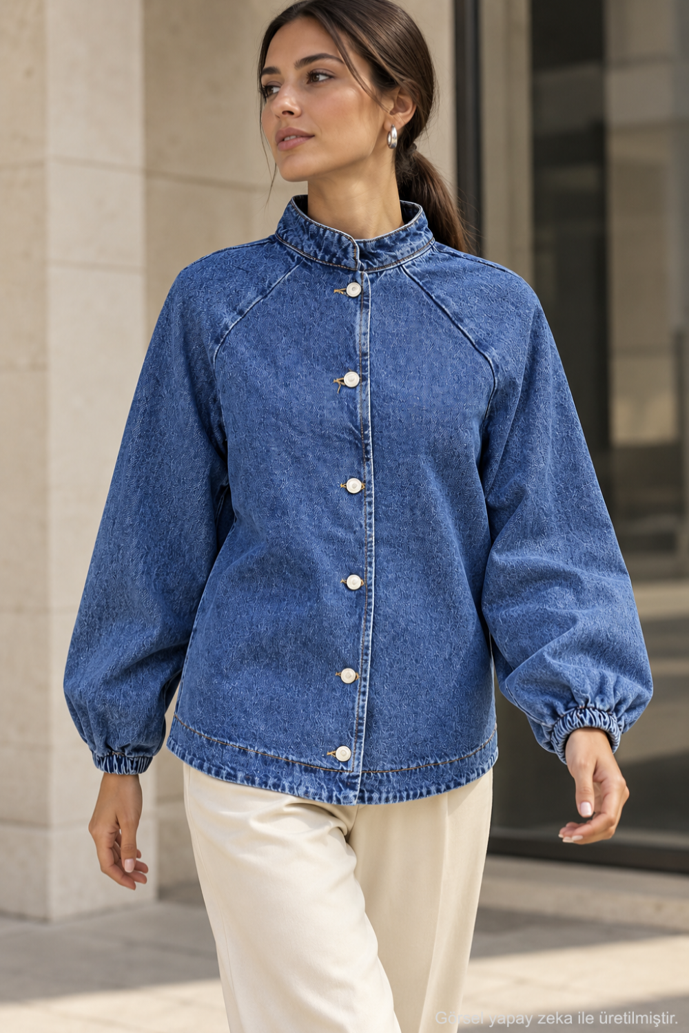 Kadın Hakim Yaka Raglan Kollu Düğmeli Denim Ceket - Mavi Mavi