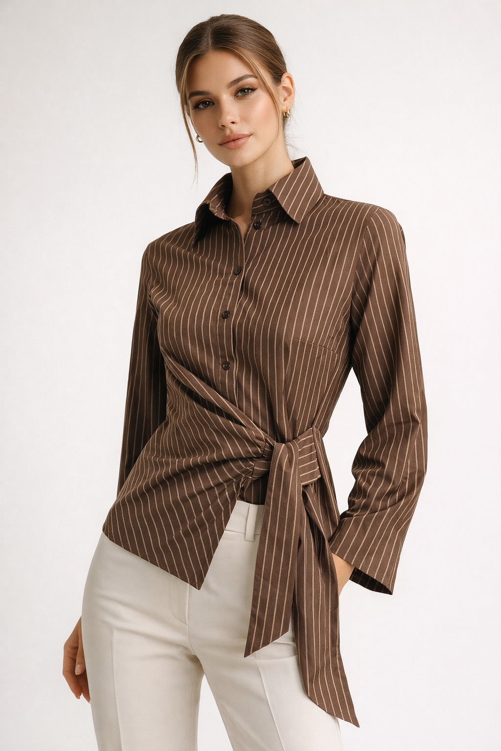Kadın Kahverengi Çizgili Yandan Bağlamalı Slim Fit Gömlek