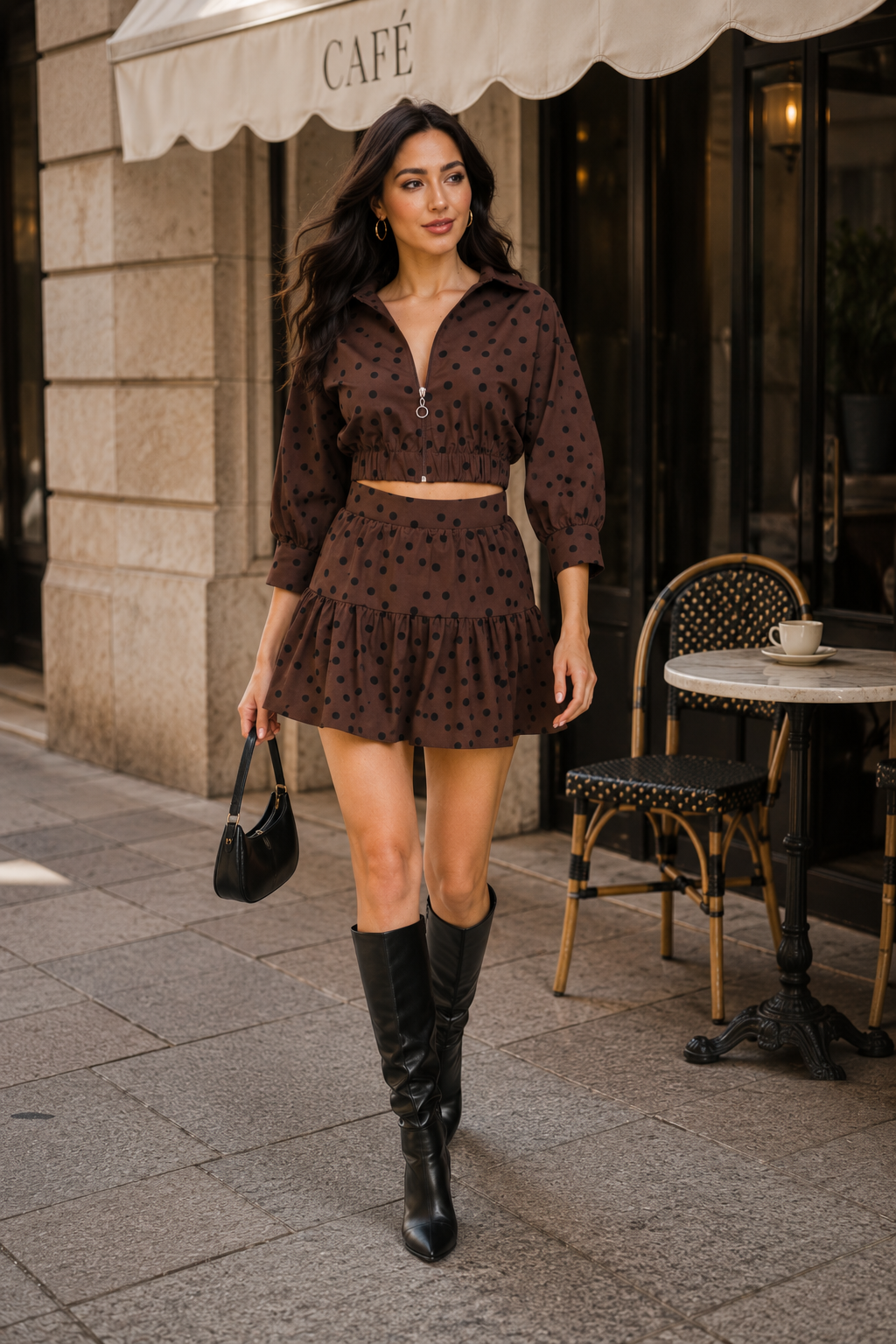 Kadın Kahverengi Puantiyeli Fermuarlı Crop Bluz ve Mini Etek Takım