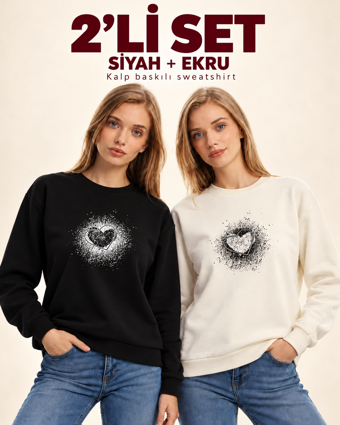 Kadın Kalp Baskılı 2’li Sweatshirt Seti – Ekru Siyah