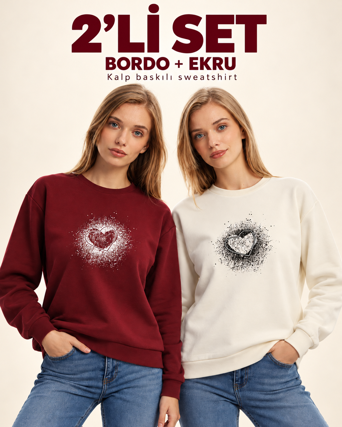 Kadın Kalp Baskılı 2’li Sweatshirt Seti – Bordo Ekru