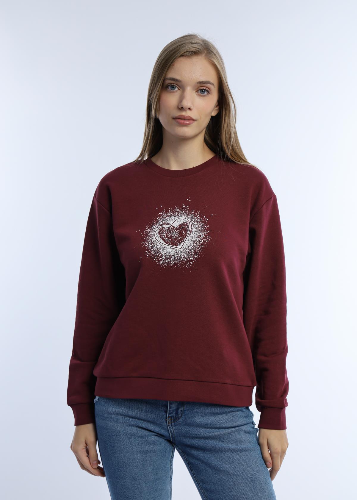 Kadın Kalp Baskılı 3 İplik Şardonsuz Sweatshirt Bordo