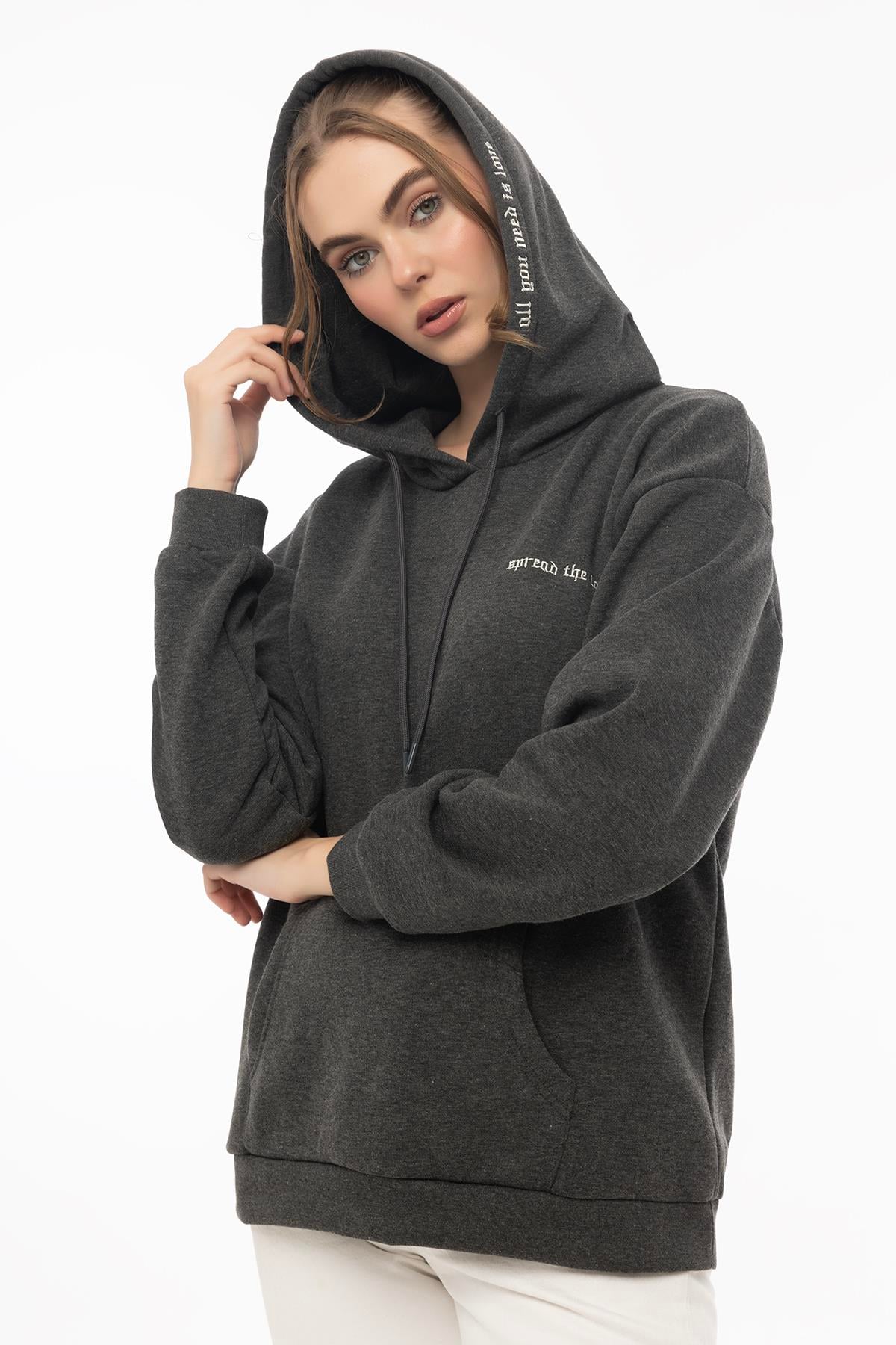 Kadın Kapüşonlu 3 İplik Sweatshirt Antrasit Melanj