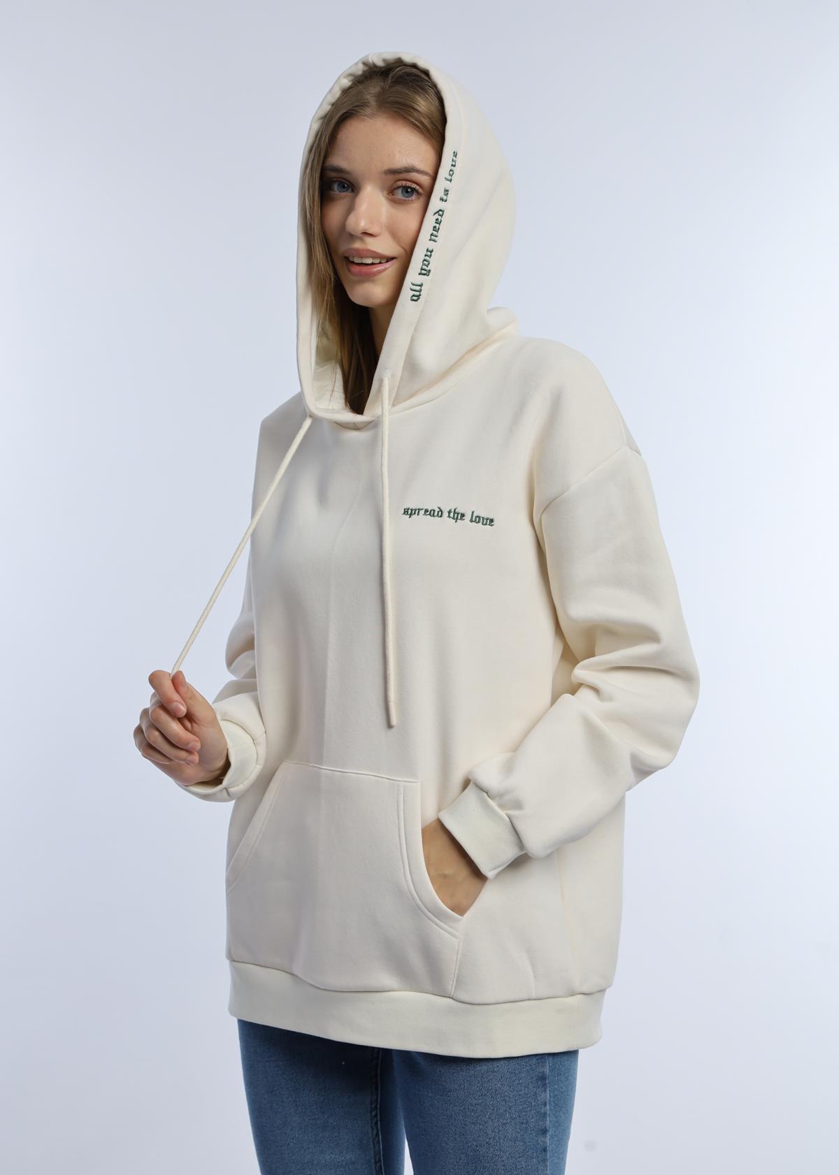 Kadın Kapüşonlu 3 İplik Sweatshirt Ekru