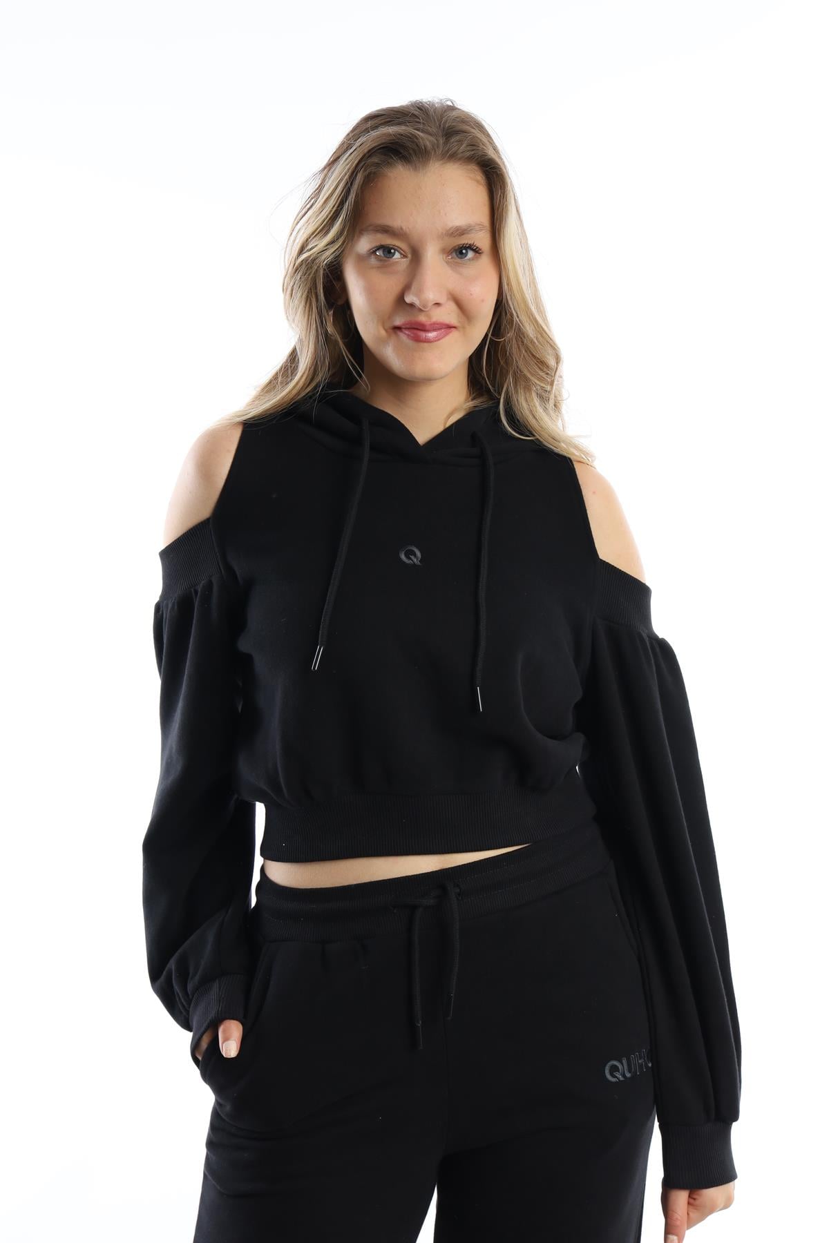 Kadın Kapüşonlu Omuz Dekolteli Sweatshirt Siyah