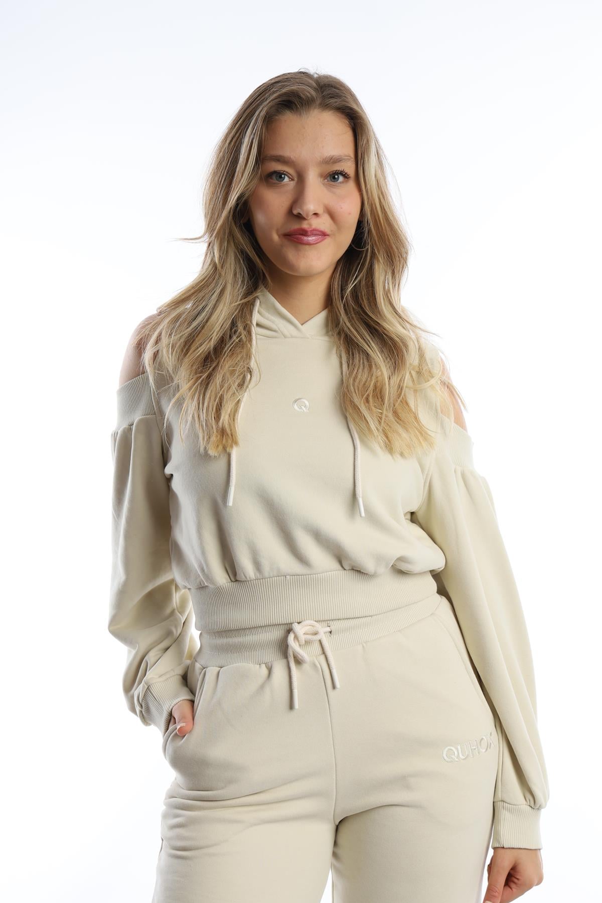 Kadın Kapüşonlu Omuz Dekolteli Sweatshirt Ekru