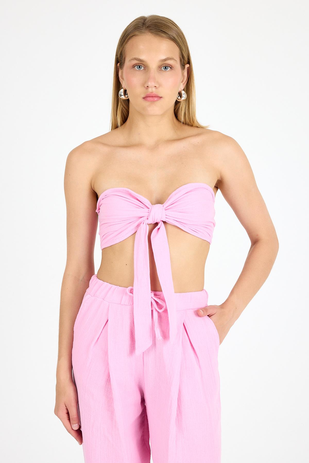 Kadın Keten Crop Pembe