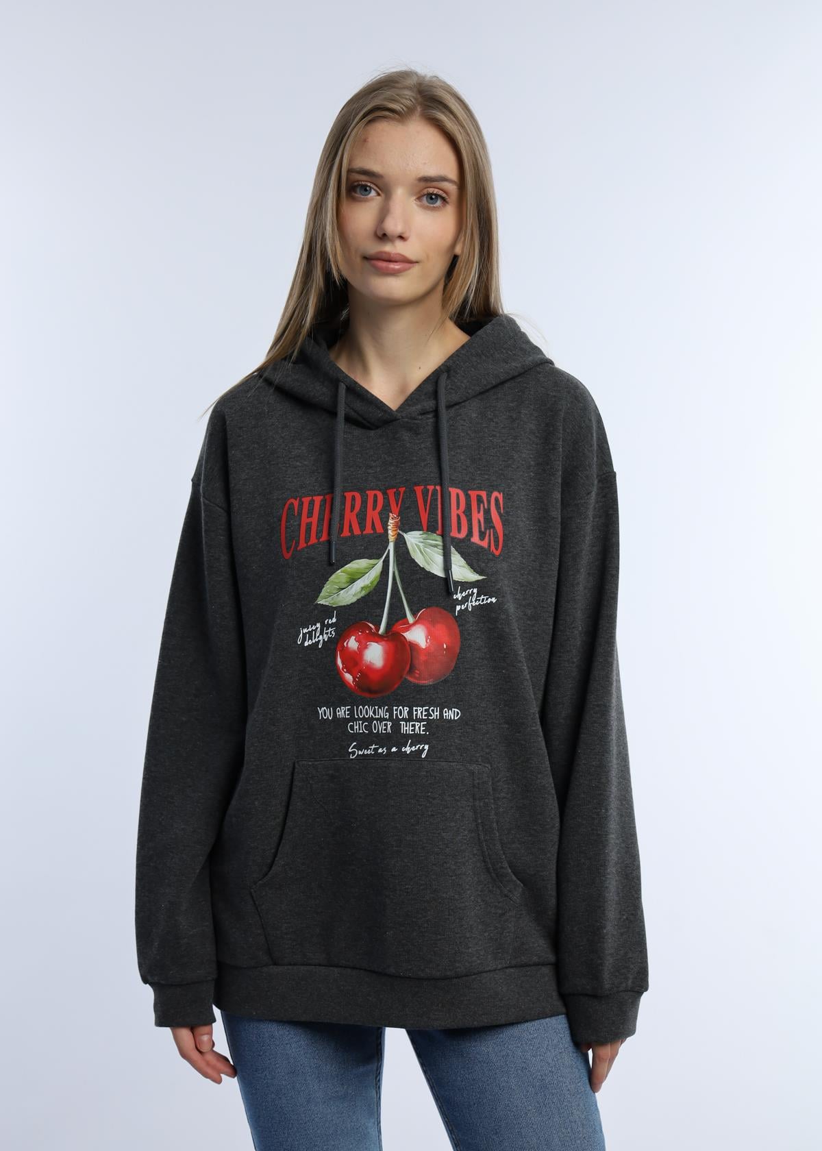Kadın Kiraz Baskılı 3 İplik Şardonsuz Sweatshirt Antrasit Melanj