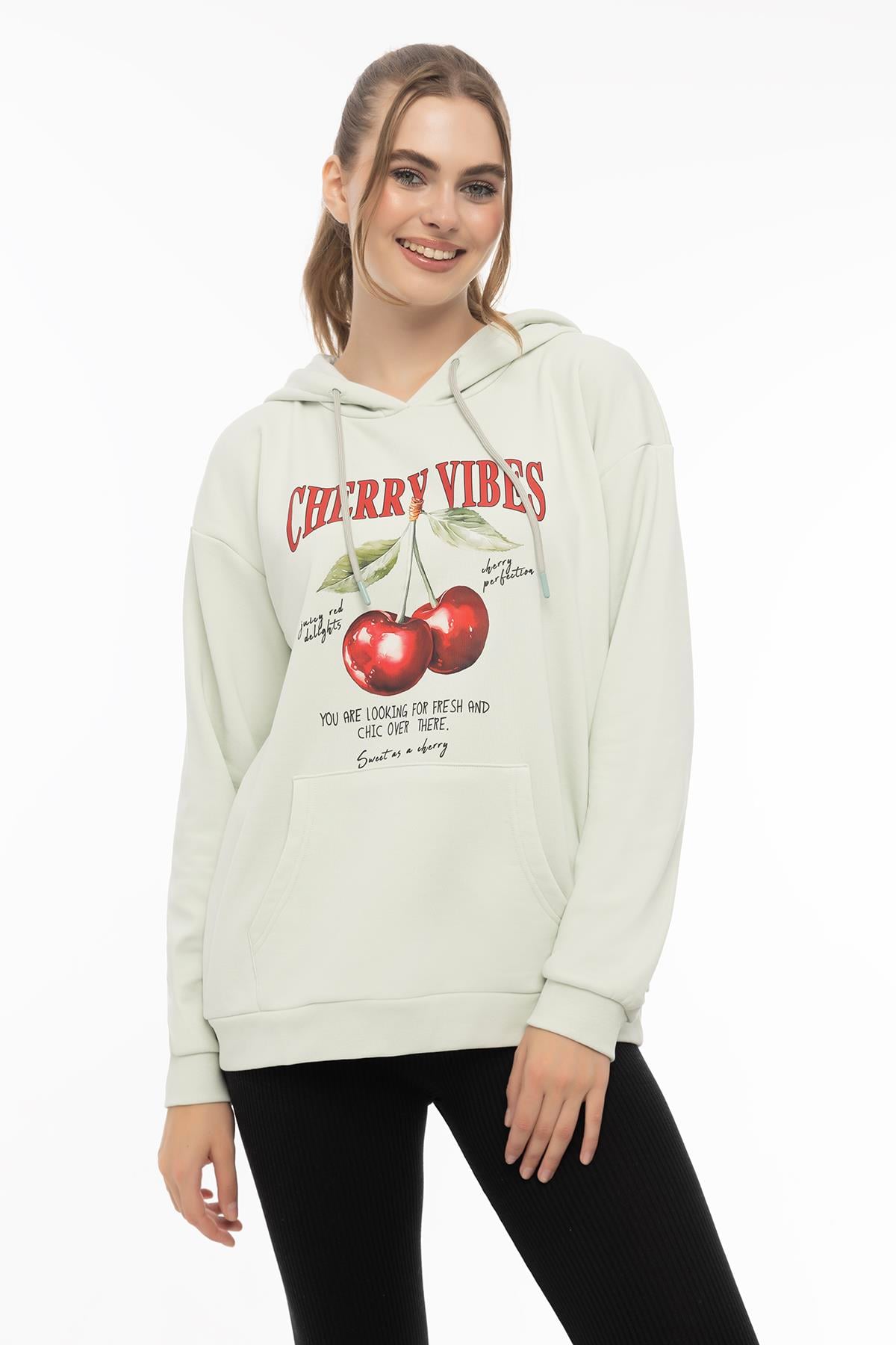 Kadın Kiraz Baskılı 3 İplik Şardonsuz Sweatshirt Mint
