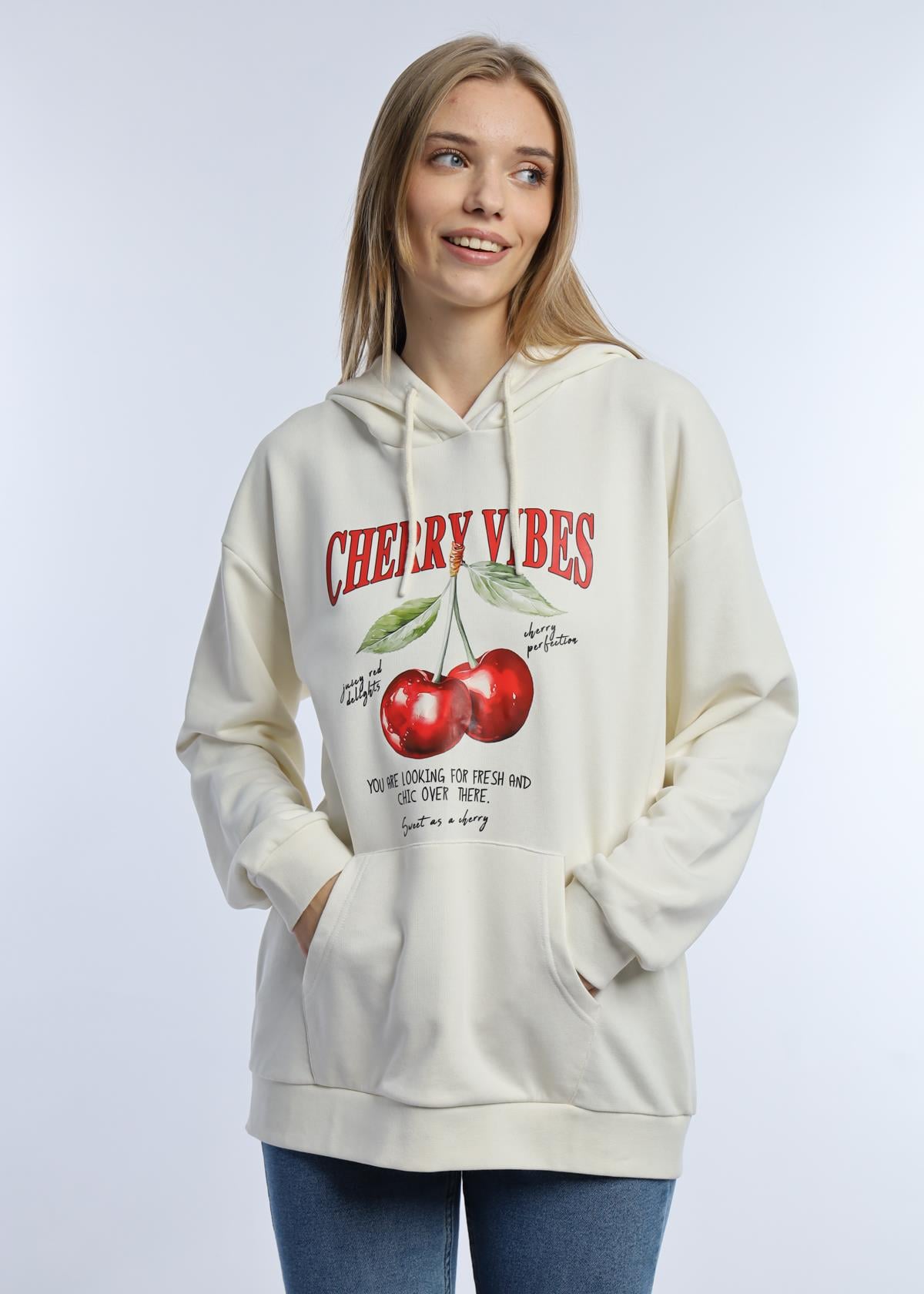 Kadın Kiraz Baskılı 3 İplik Şardonsuz Sweatshirt Ekru