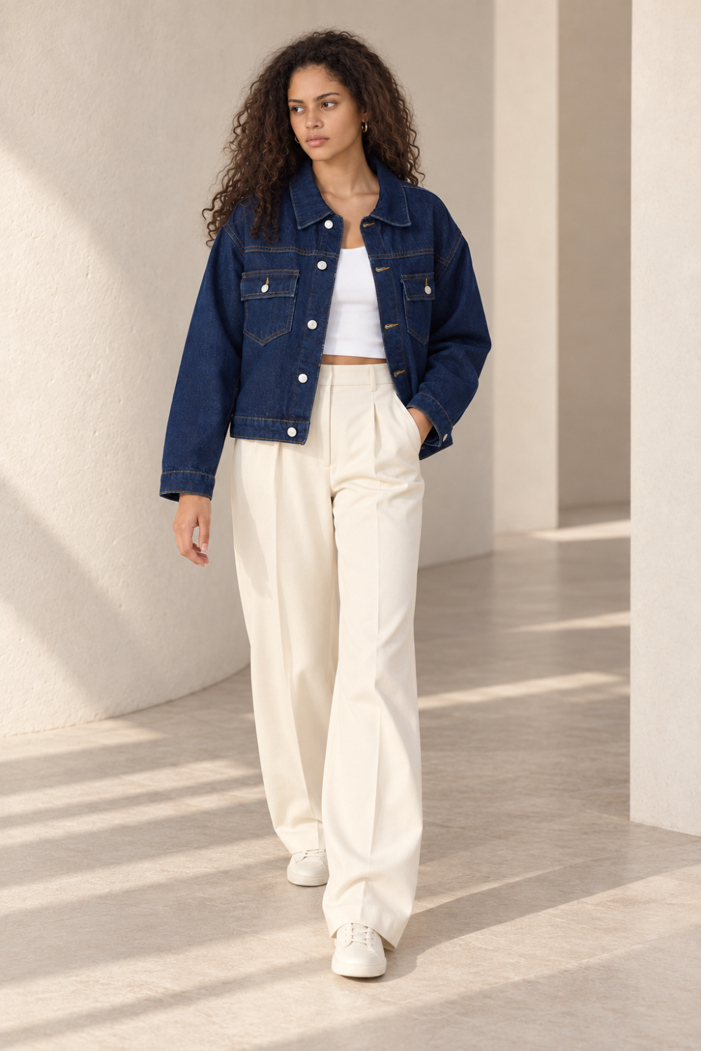 Kadın Koyu Mavi Çift Cepli Düğmeli Oversize Denim Jean Ceket Lacivert