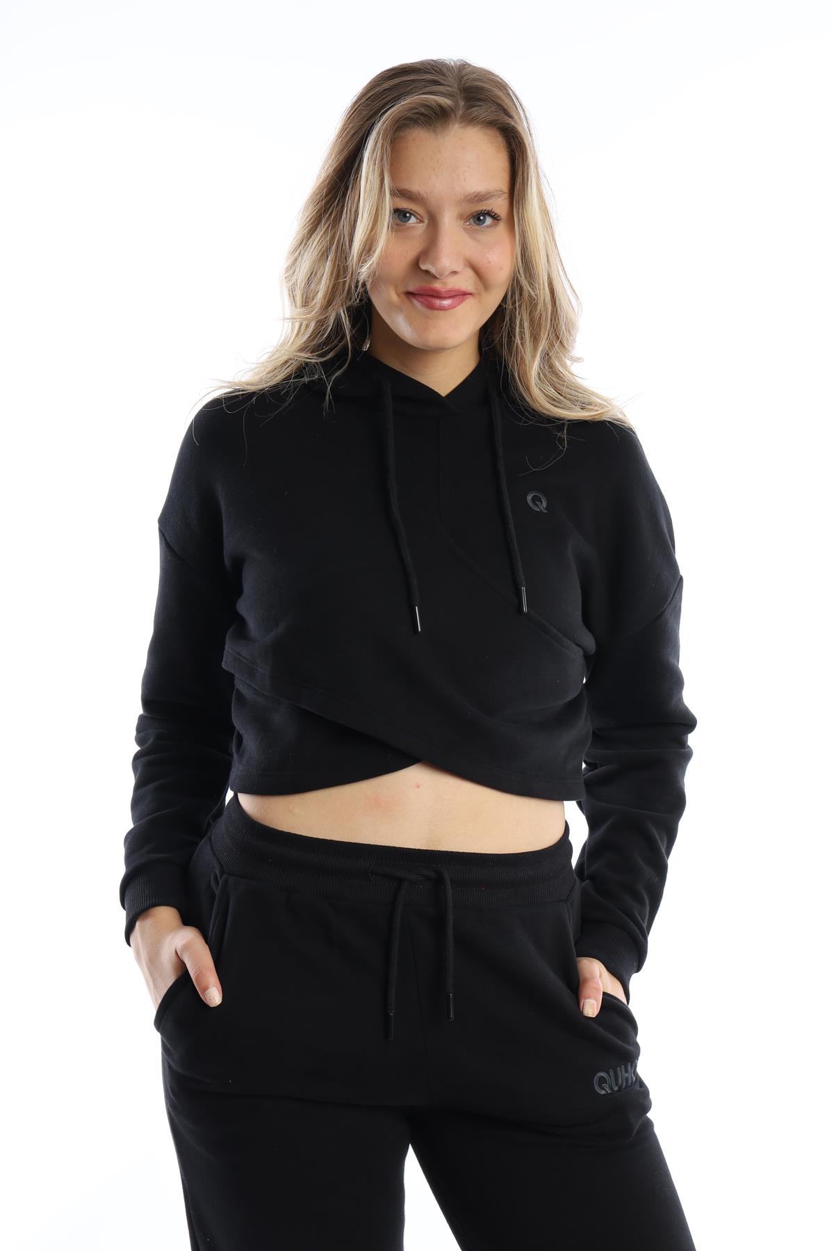 Kadın Kruvaze Detaylı Kapüşonlu Crop Sweat Siyah