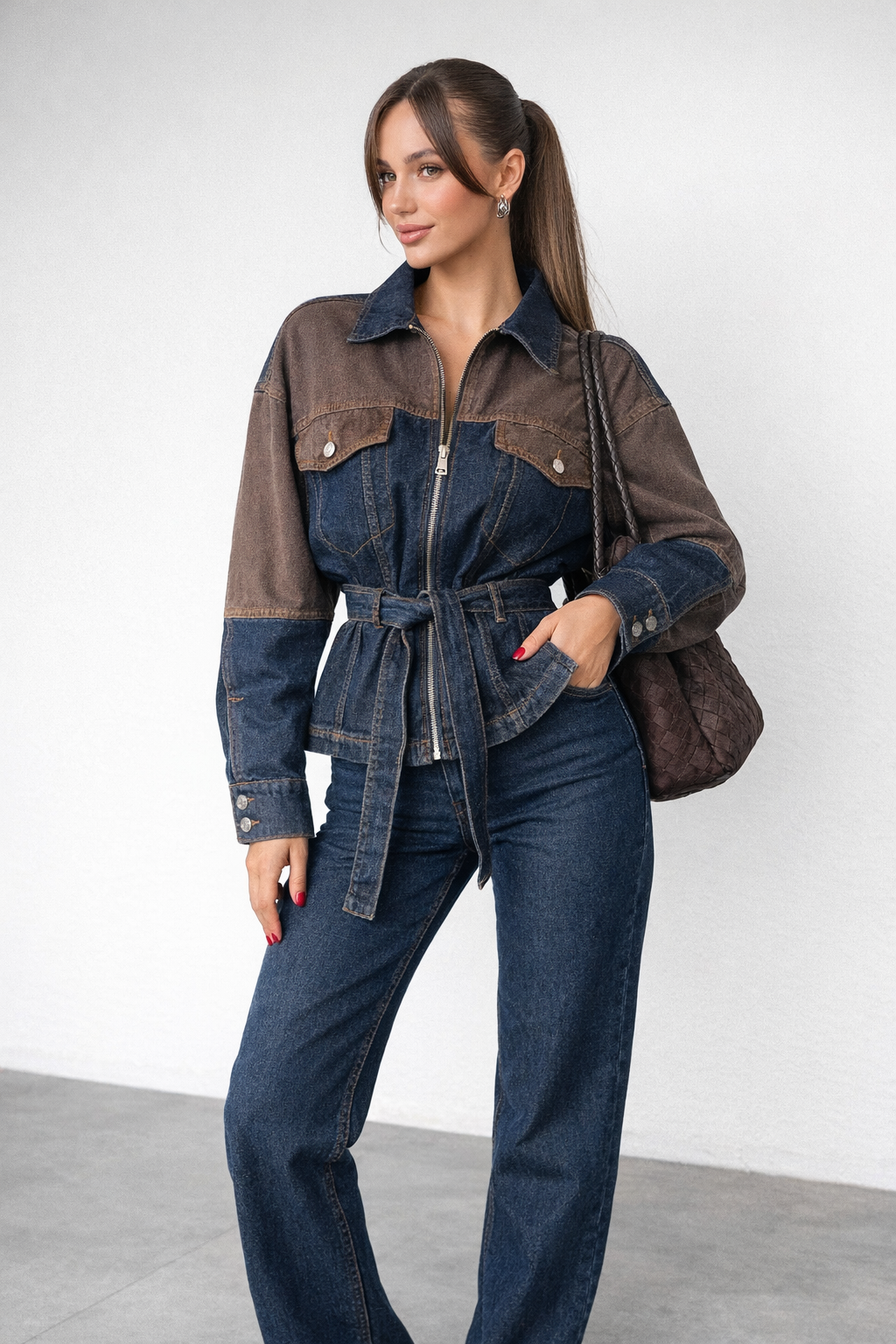 Kadın Kuşaklı İki Renk Denim Ceket Pantolon Takım Yüksek Bel Jean Lacivert - Kahve