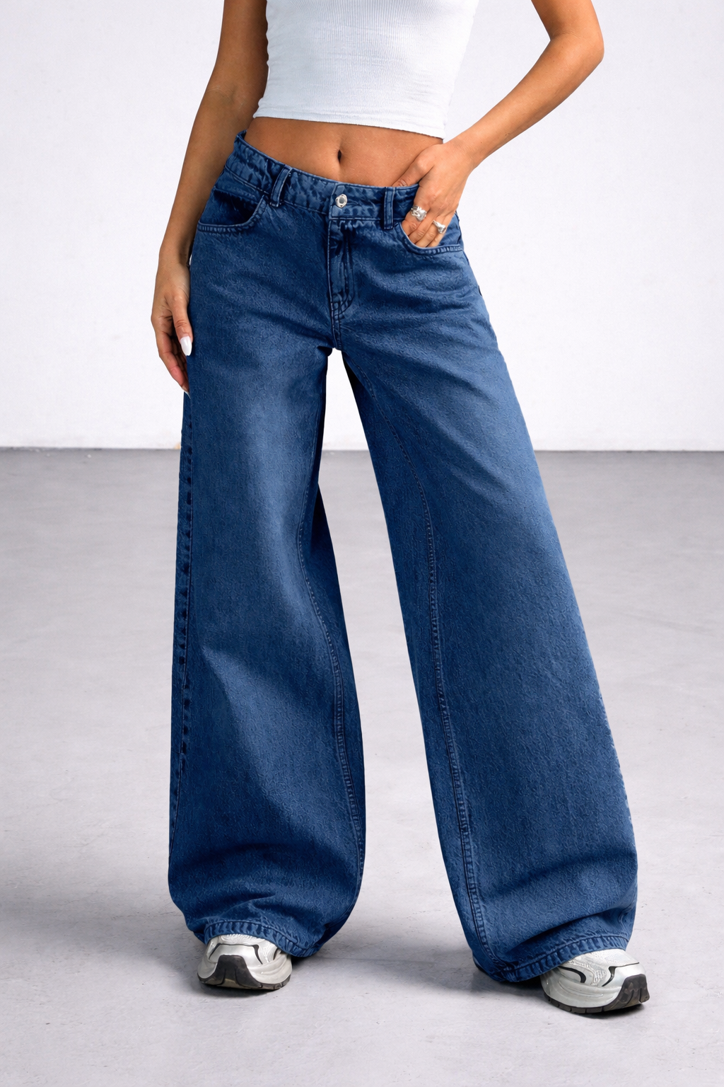 Kadın Lacivert Wide Leg Bol Paça Düşük Bel Denim Jean Pantolon